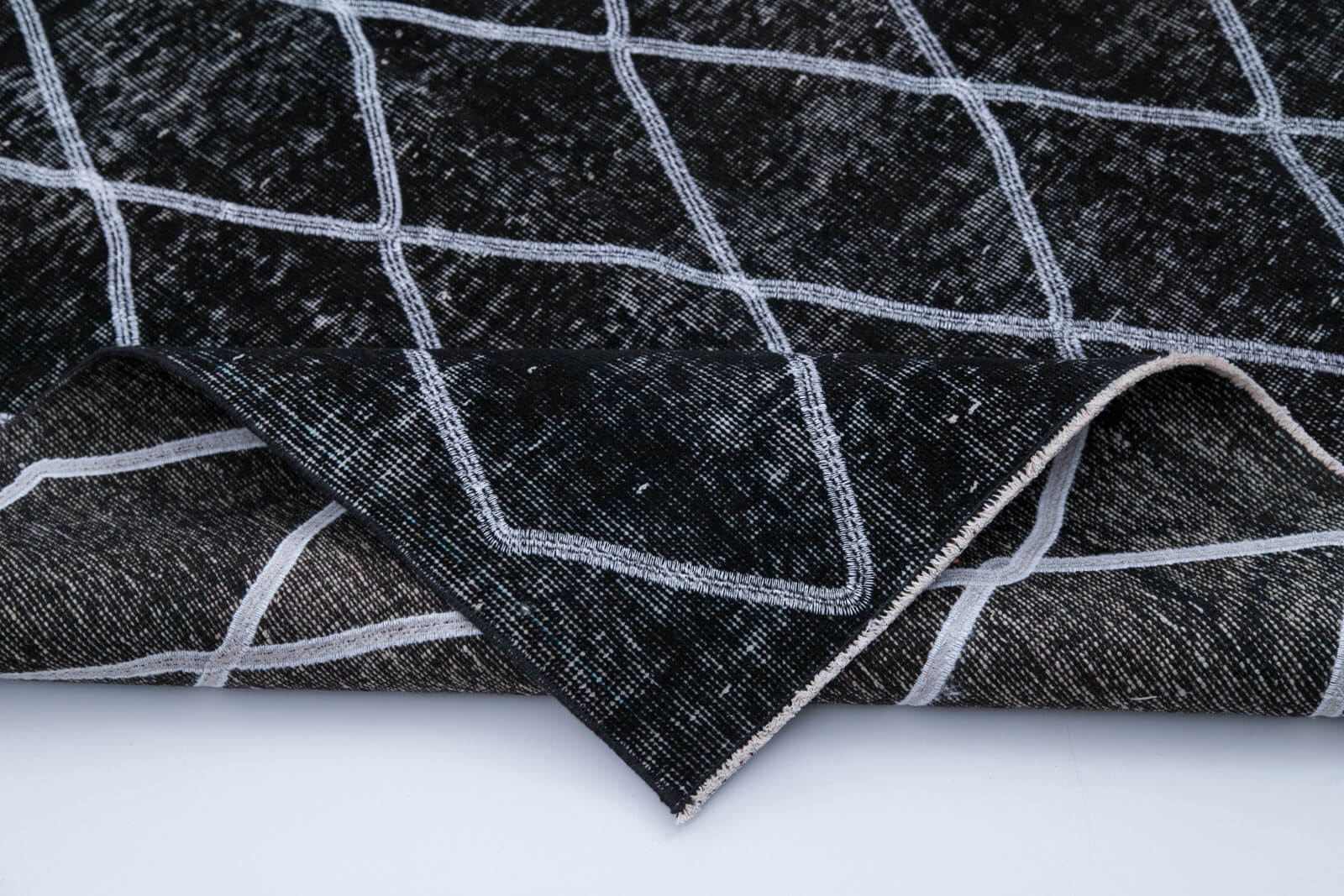 Handmade Geometric Rug - Black Cotton Wool Area Rug 4'10'' x 12'0'' Vintage Turkish