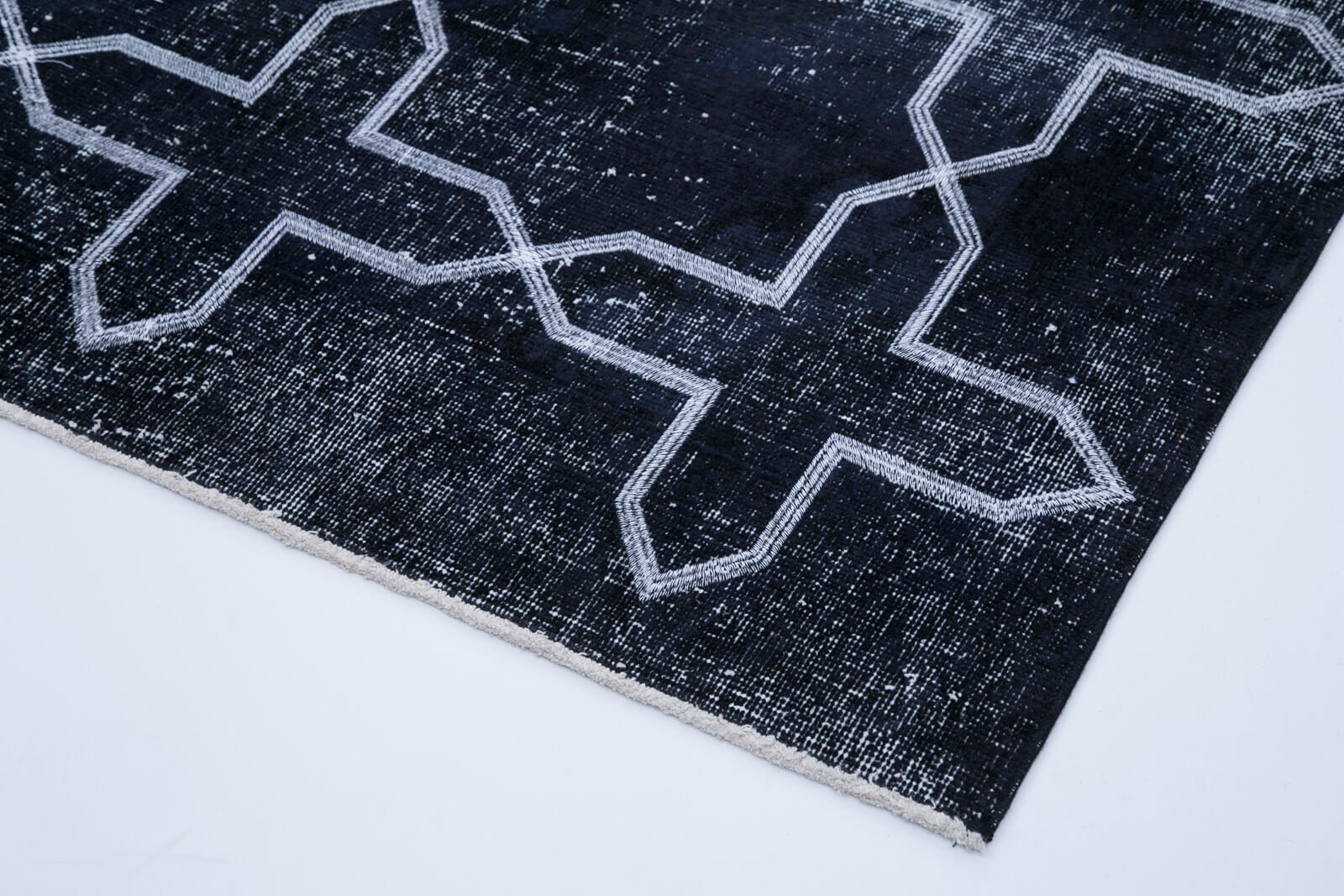 Handmade Geometric Rug | Handwoven Black Cotton Wool Carpet – Durable Turkish Vintage Area Rug