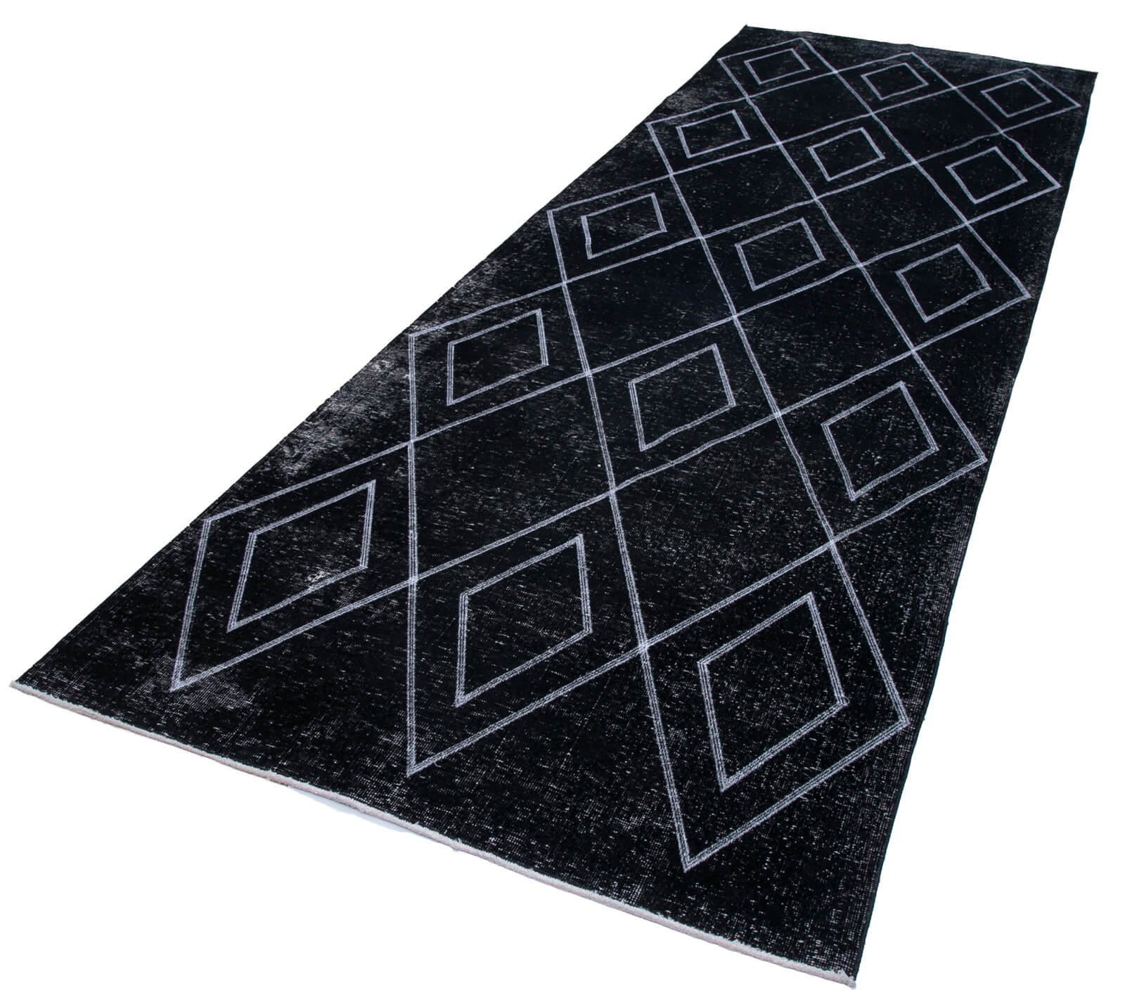Handmade Geometric Rug - Black Wool Cotton Area Rug 4'8''x13'9'' | Vintage Turkish Design