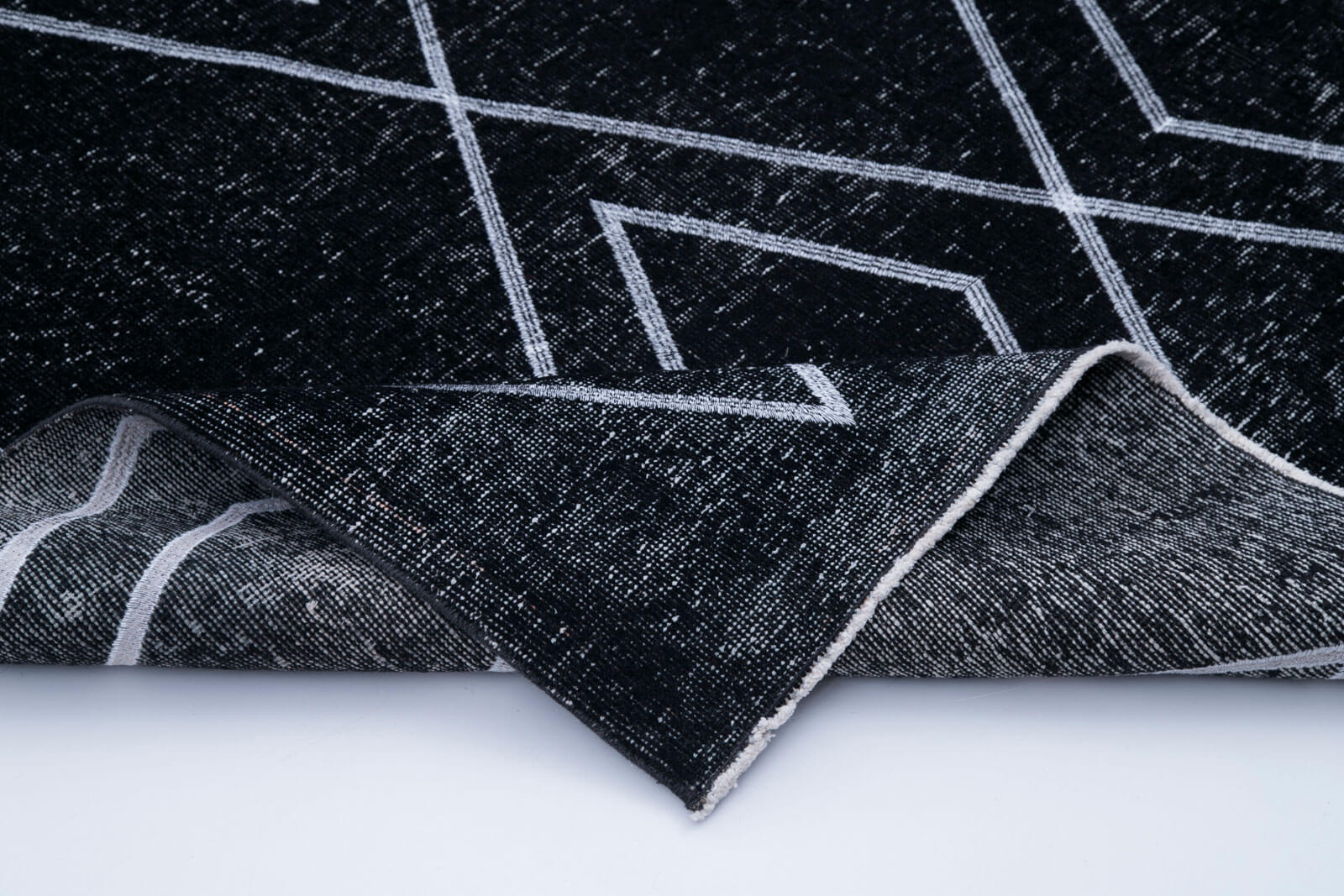 Handmade Geometric Rug - Black Wool Cotton Area Rug 4'8''x13'9'' | Vintage Turkish Design