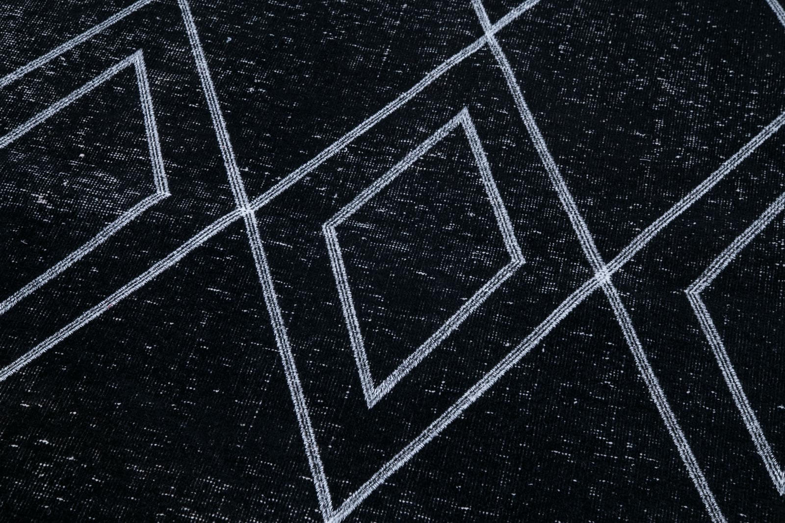 Handmade Geometric Rug - Black Wool Cotton Area Rug 4'8''x13'9'' | Vintage Turkish Design