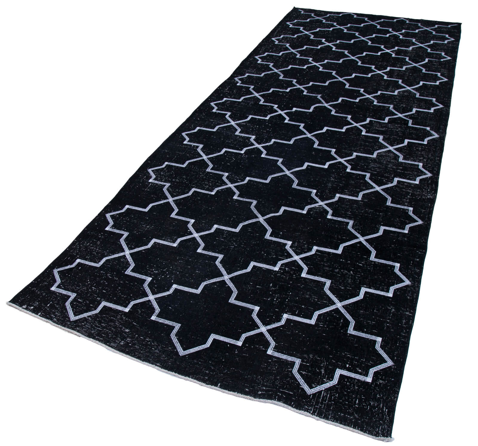 Handmade Wool Area Rug – Black Geometric Cotton Wool Blend Rug 4'9'' x 12'9''