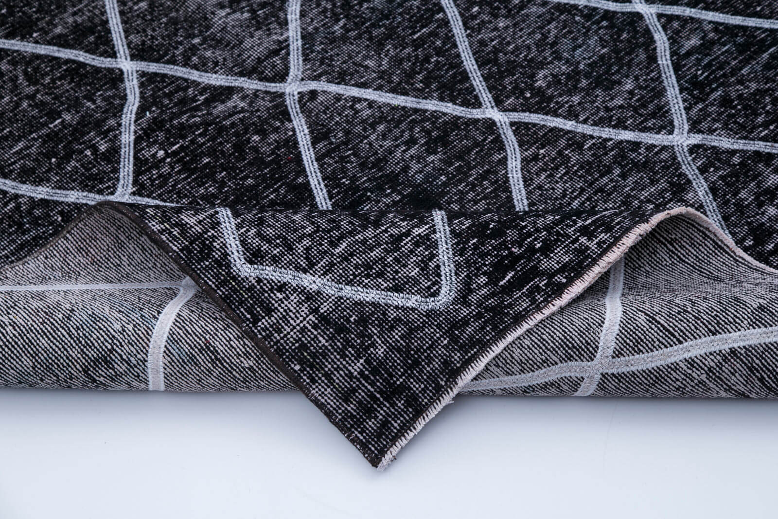 Handmade Geometric Rug - Black Cotton Wool Blend Area Rug 4'9''x12'4'' for Living Room