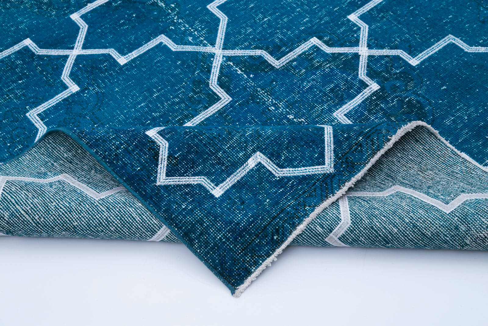 Handmade Geometric Rug - Turquoise Area Rug With Cotton Wool Carpet 4'9''x13'4''