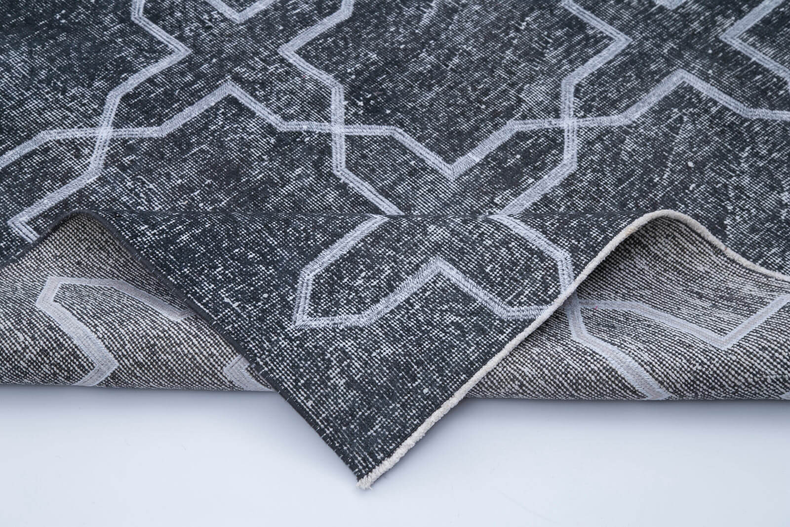 Handmade Geometric Rug | Turkish Vintage Carpet 4x13 Grey Cotton Wool