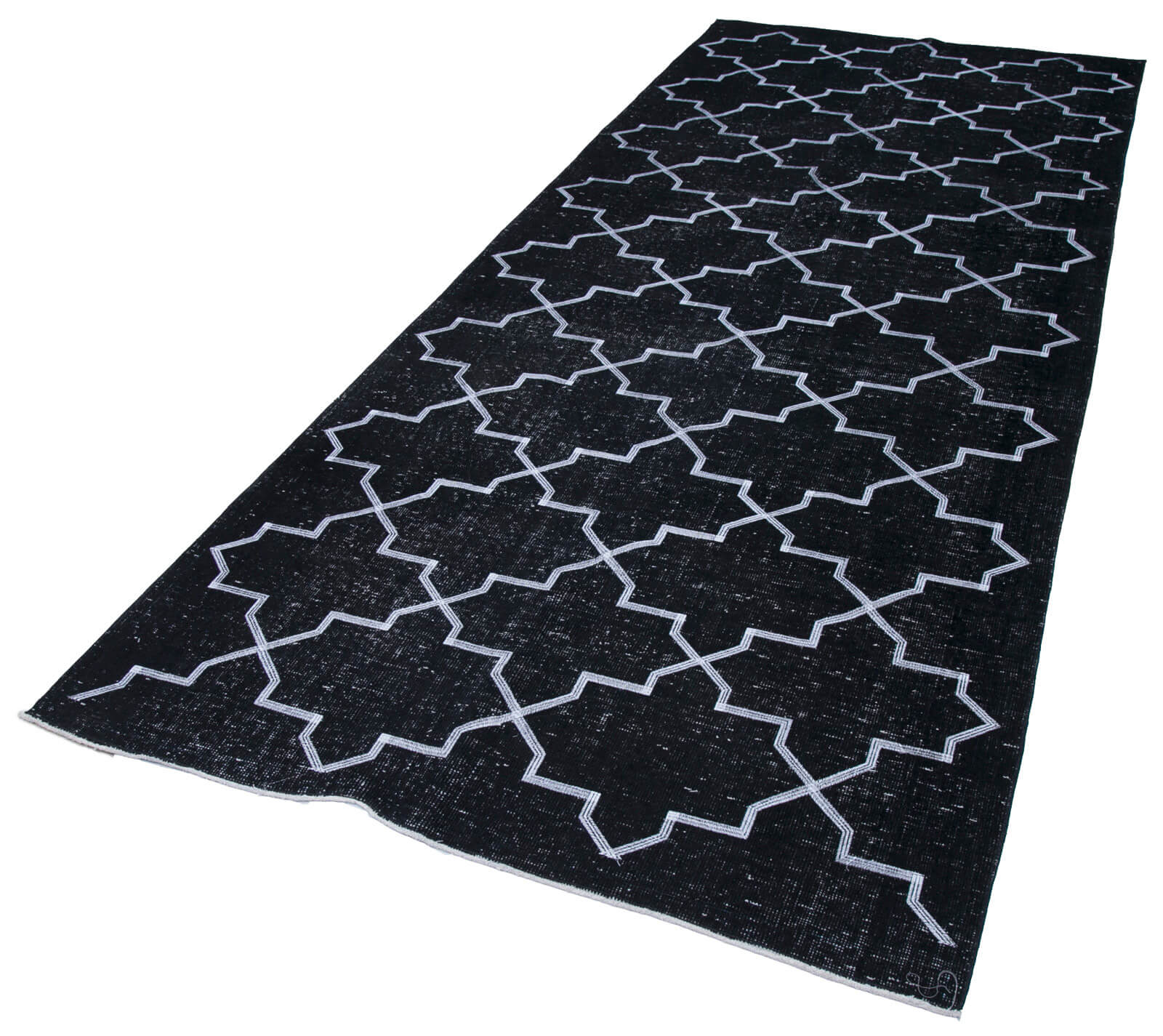 Handmade Geometric Rug – Black Cotton Wool Area Rug 4'8" x 11'6" Vintage Turkish