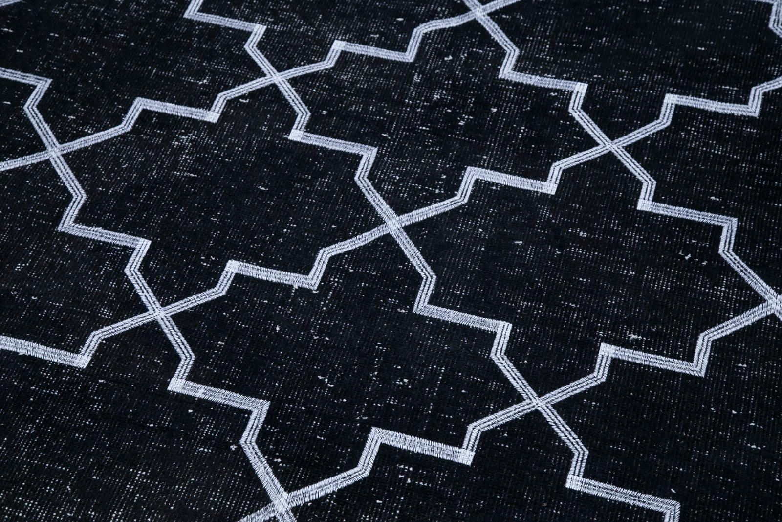Handmade Geometric Rug – Black Cotton Wool Area Rug 4'8" x 11'6" Vintage Turkish
