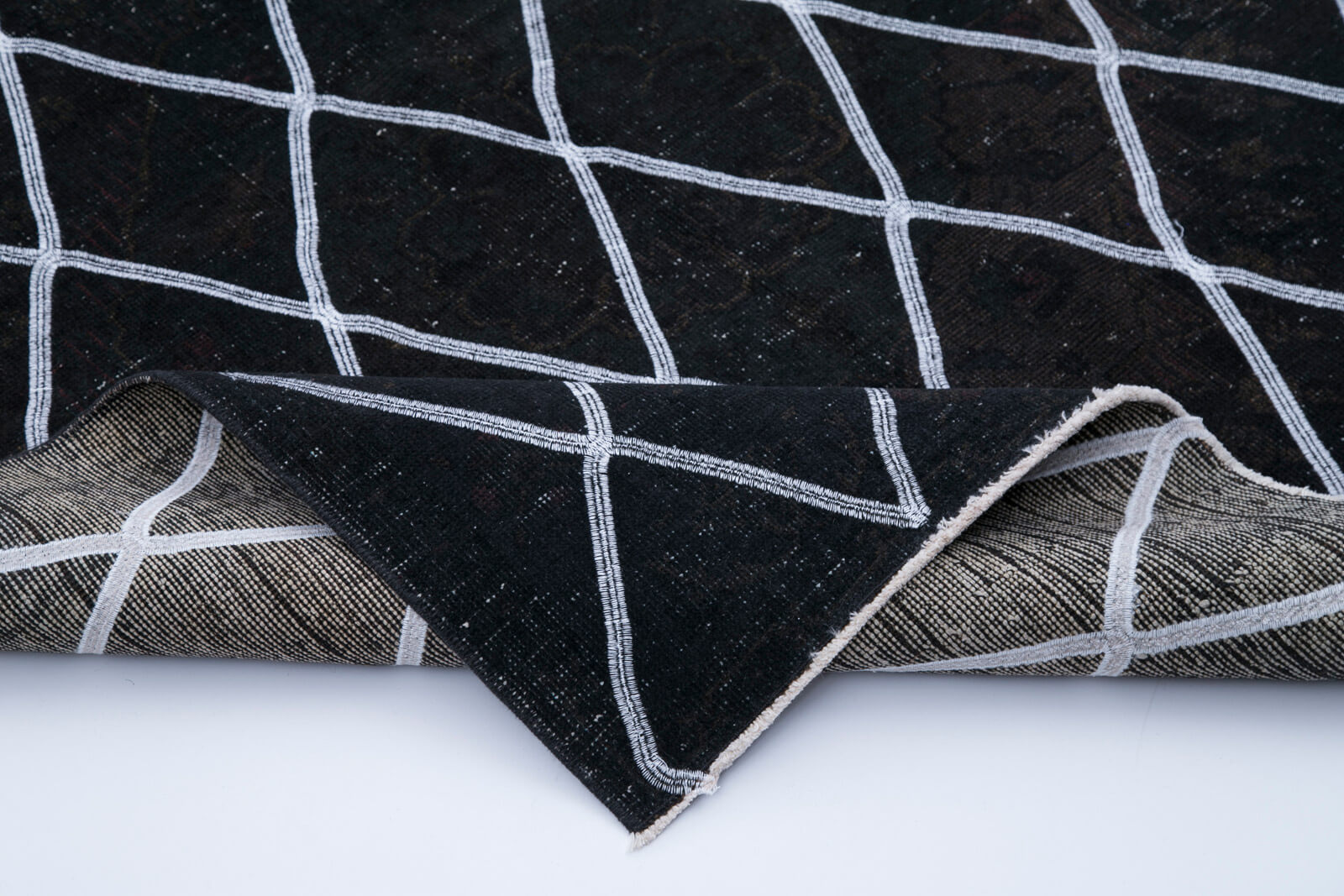 Handmade Area Rug – Black Geometric Carpet Cotton Wool Rug 4'10''x12'6''