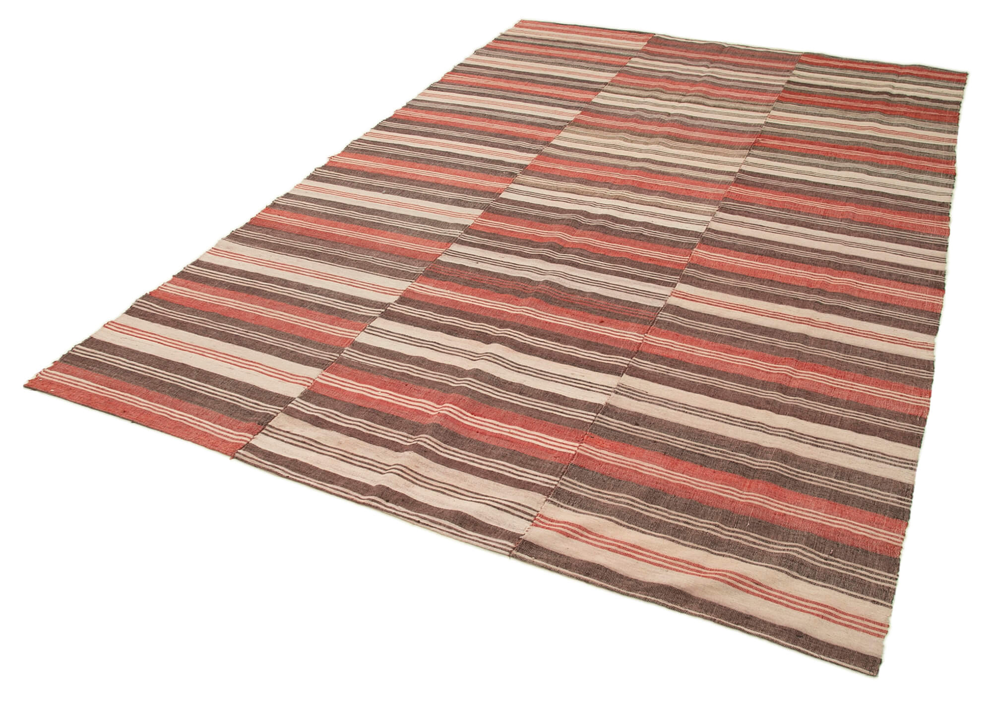 Handmade Wool Area Rug – Brown Striped Kilim Cotton Wool Rug 6'8" x 10'4"