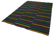 Handmade Wool Area Rug - Black Striped Kilim Cotton Wool Rug 6'6'' x 9'6''