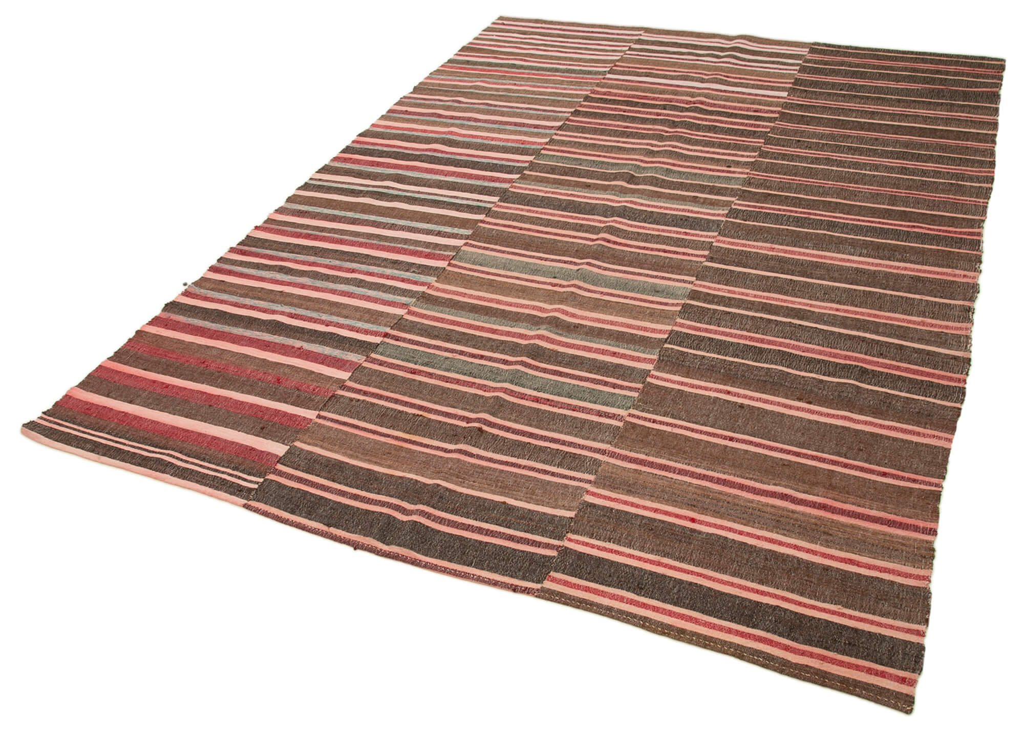 Handmade Area Rug – Striped Kilim Brown Cotton Wool Vintage Carpet 6'x8'7''