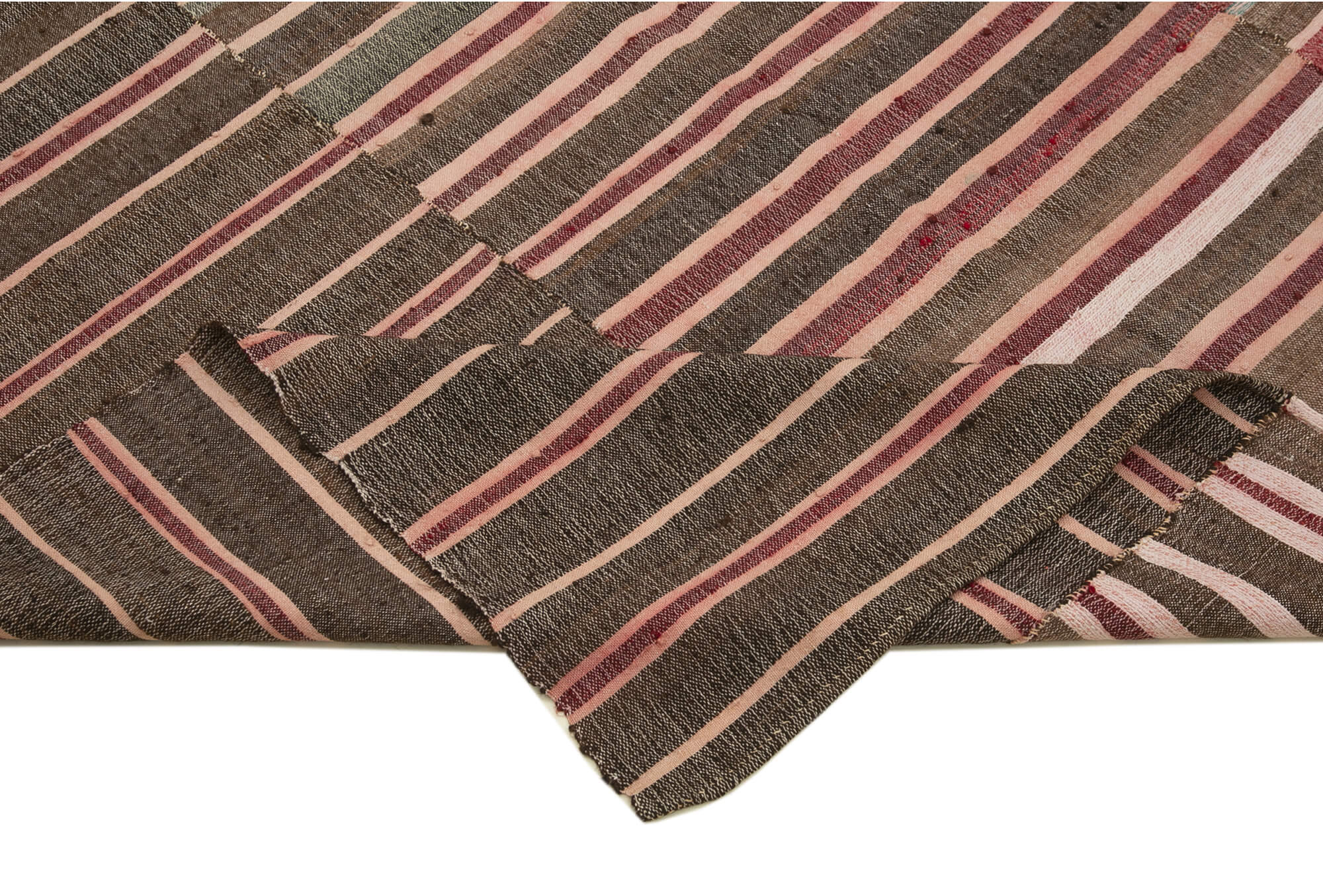 Handmade Area Rug – Striped Kilim Brown Cotton Wool Vintage Carpet 6'x8'7''