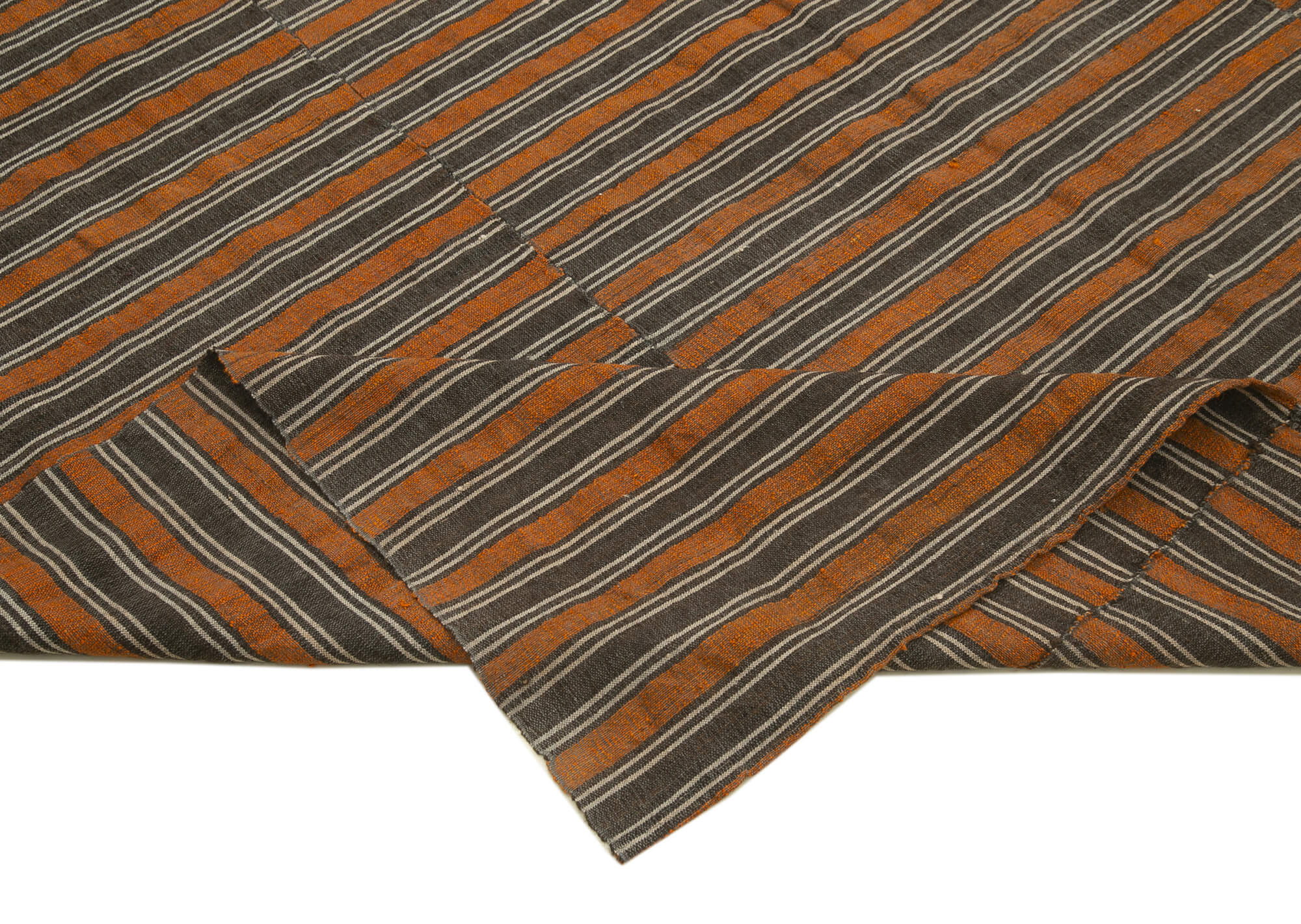 Handmade Cotton Wool Rug – Brown Striped Kilim Carpet, 6'8'' x 10'0'' Area Rug