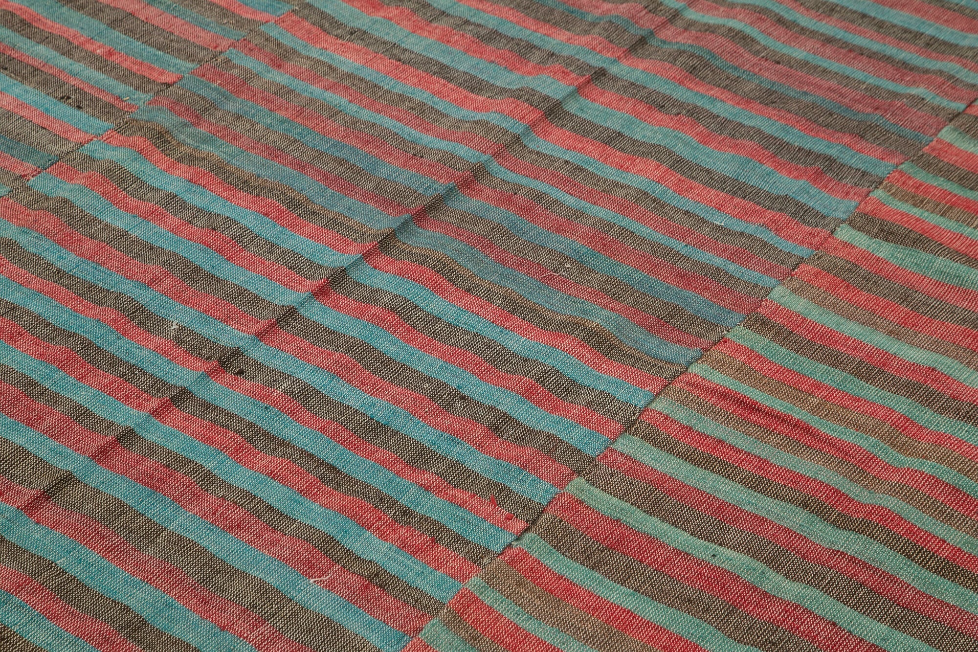 Handmade Area Rug | Turquoise Striped Rug 7x9 Feet | Vintage Kilim Carpet