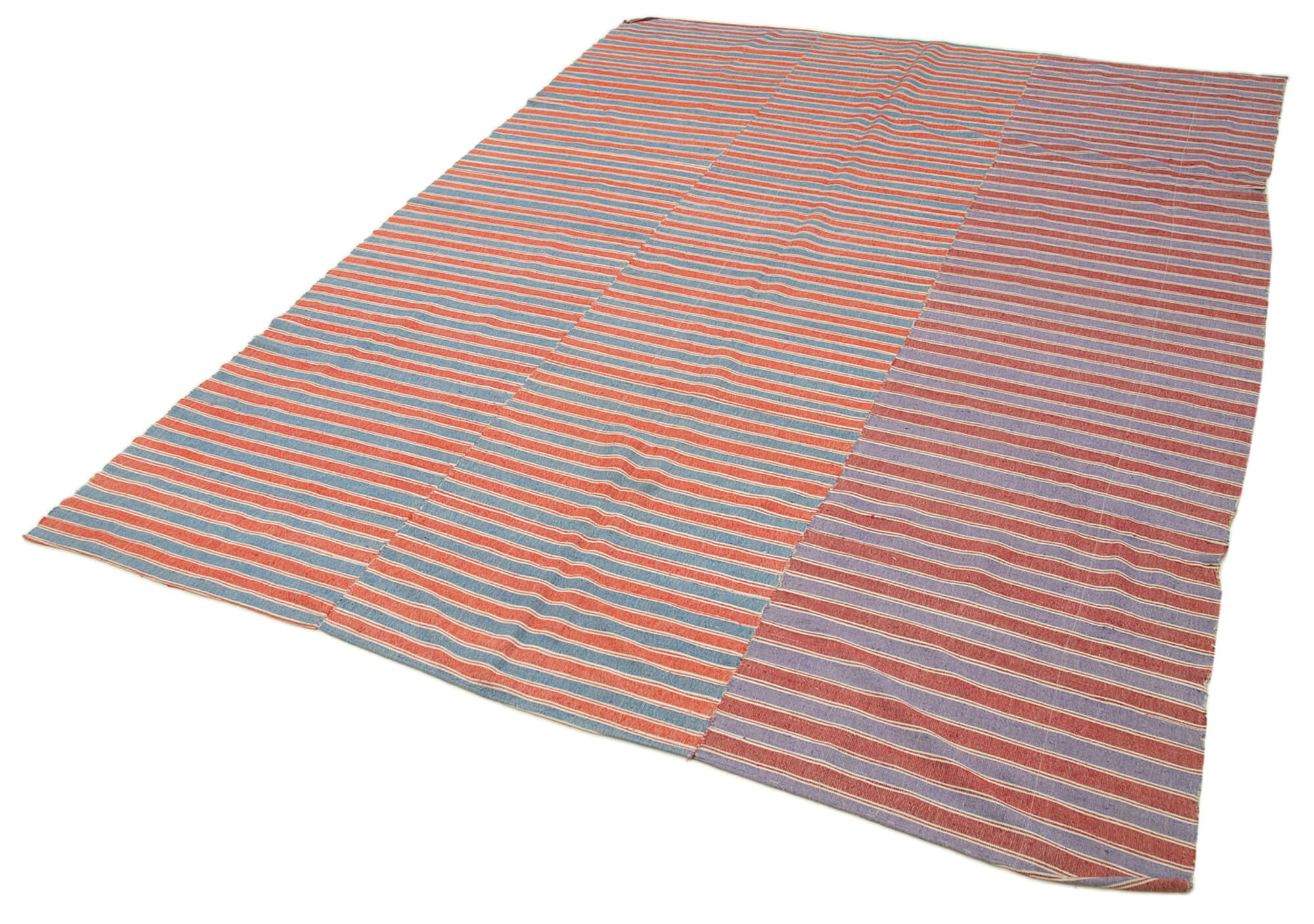 Handmade Cotton Wool Rug – Red Striped Kilim, Vintage Turkish Carpet 6'x8'2''