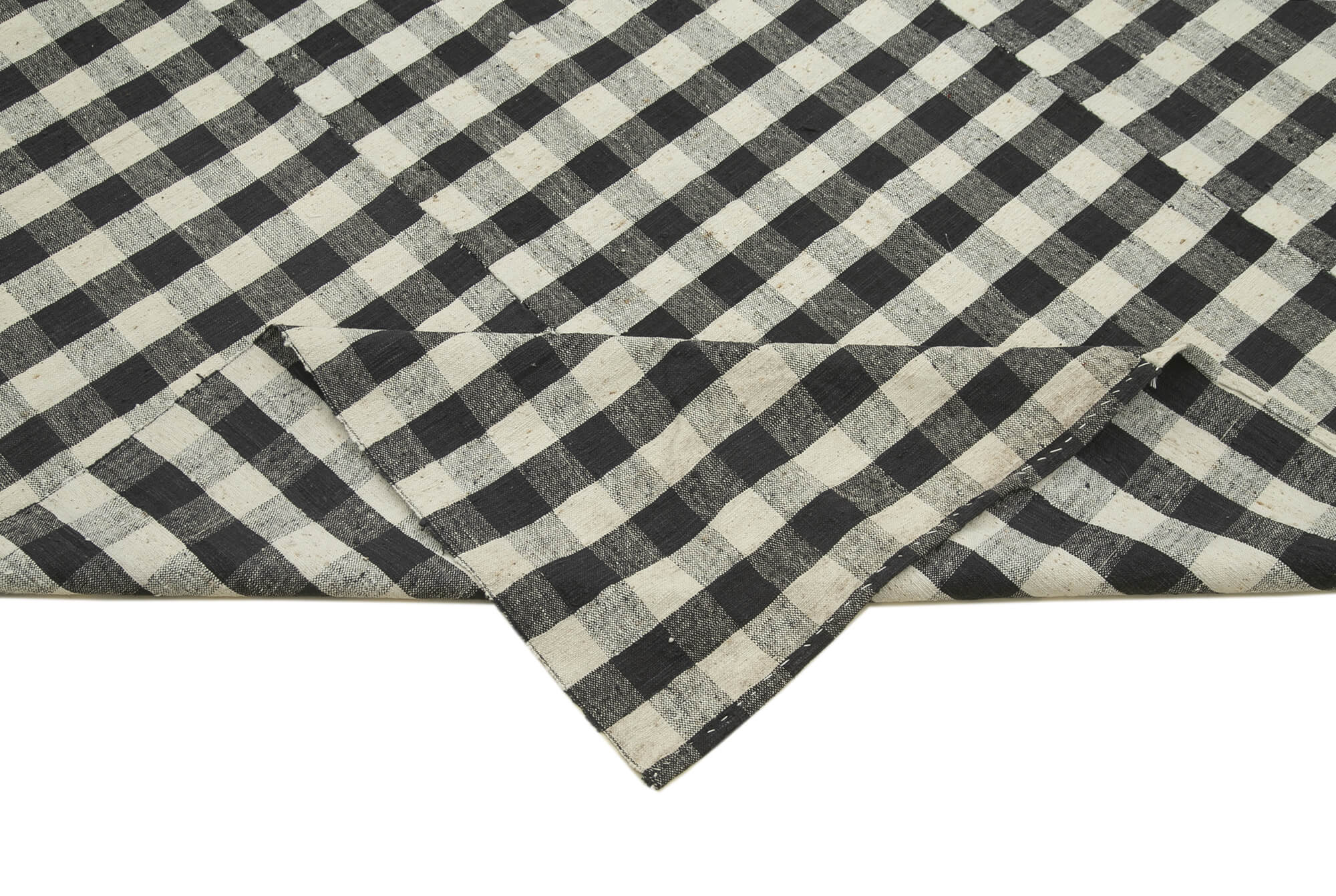 Handmade Cotton Wool Rug - Black Striped Kilim Boho Style Area Rug 5'6" x 9'7"