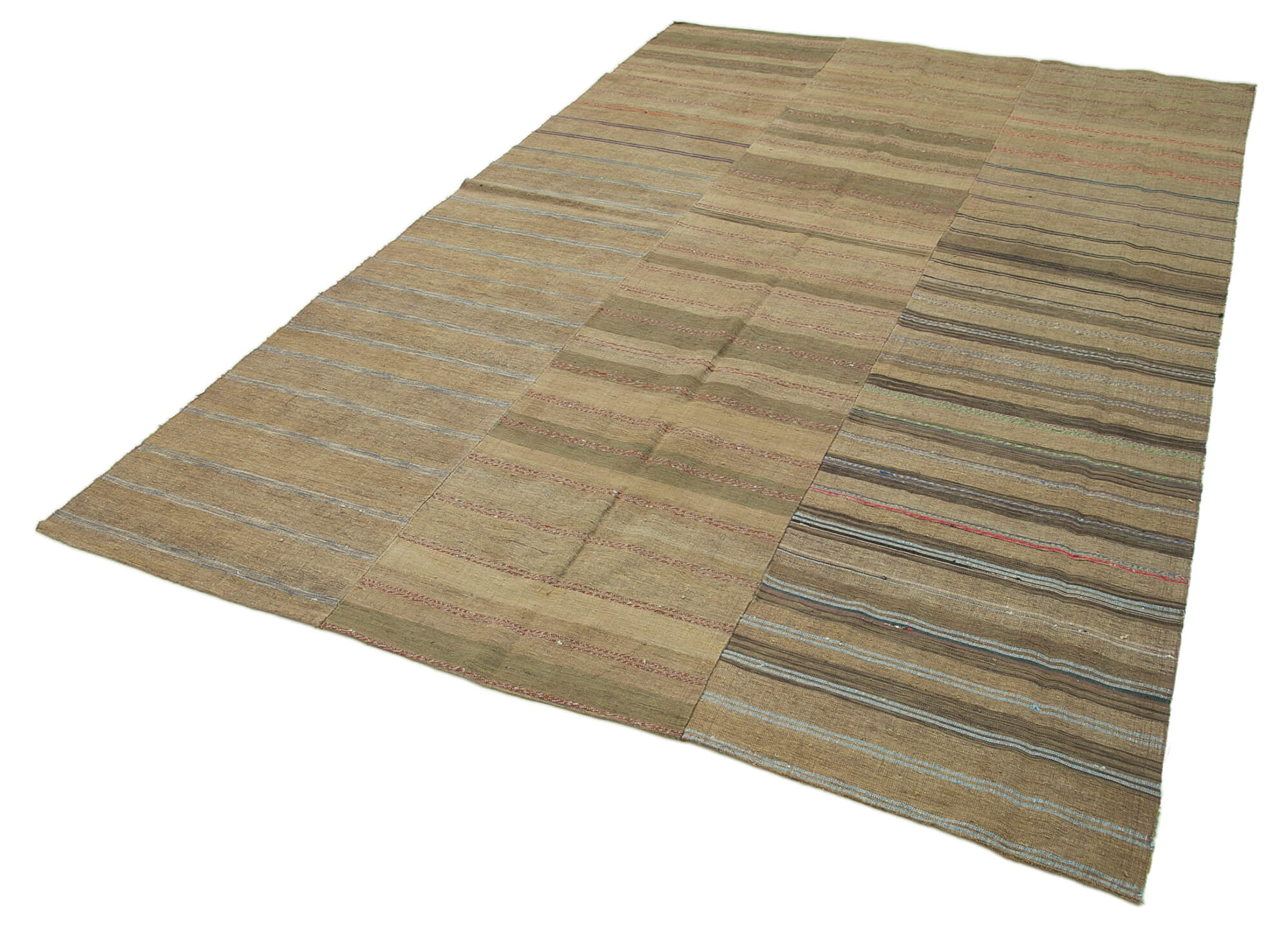 Handmade Area Rug - Brown Striped Kilim Cotton Wool Vintage Rug 6'1"x9'7"