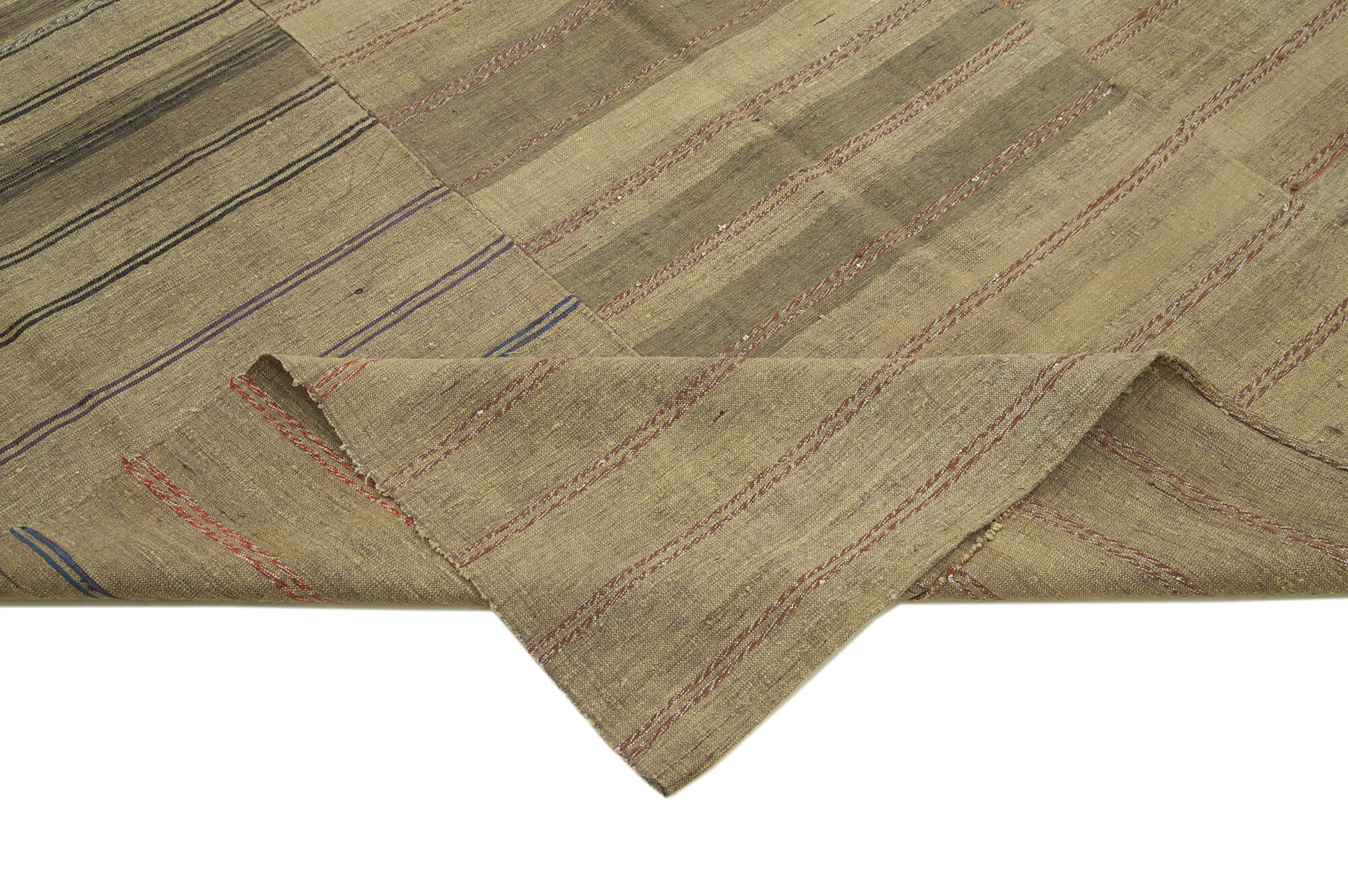 Handmade Area Rug - Brown Striped Kilim Cotton Wool Vintage Rug 6'1"x9'7"