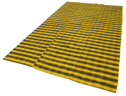 Handmade Cotton Wool Rug - Striped Kilim Rug | Yellow Striped Vintage Turkish Carpet