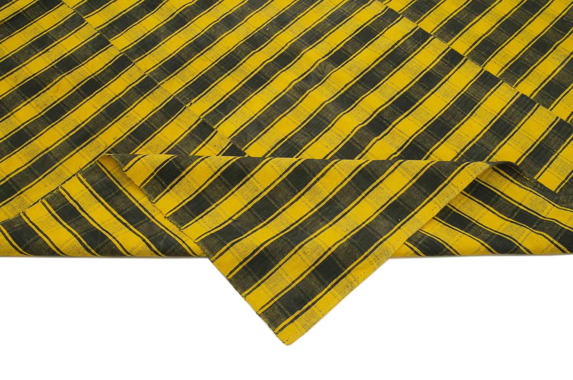 Handmade Cotton Wool Rug - Striped Kilim Rug | Yellow Striped Vintage Turkish Carpet