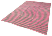 Handmade Area Rug – Pink Kilim Striped Cotton Wool Blend Bohemian Style Carpet 6'5''x9'6''