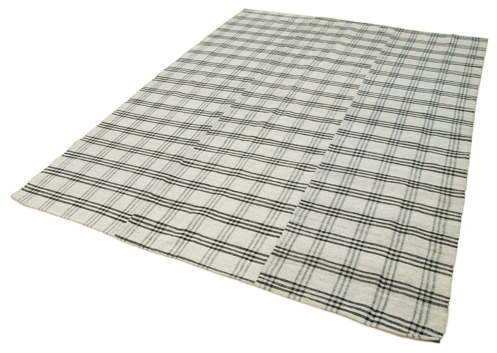 Handmade Area Rug - Striped Kilim Cotton Wool Blend Beige Carpet 6'3''x8'8''