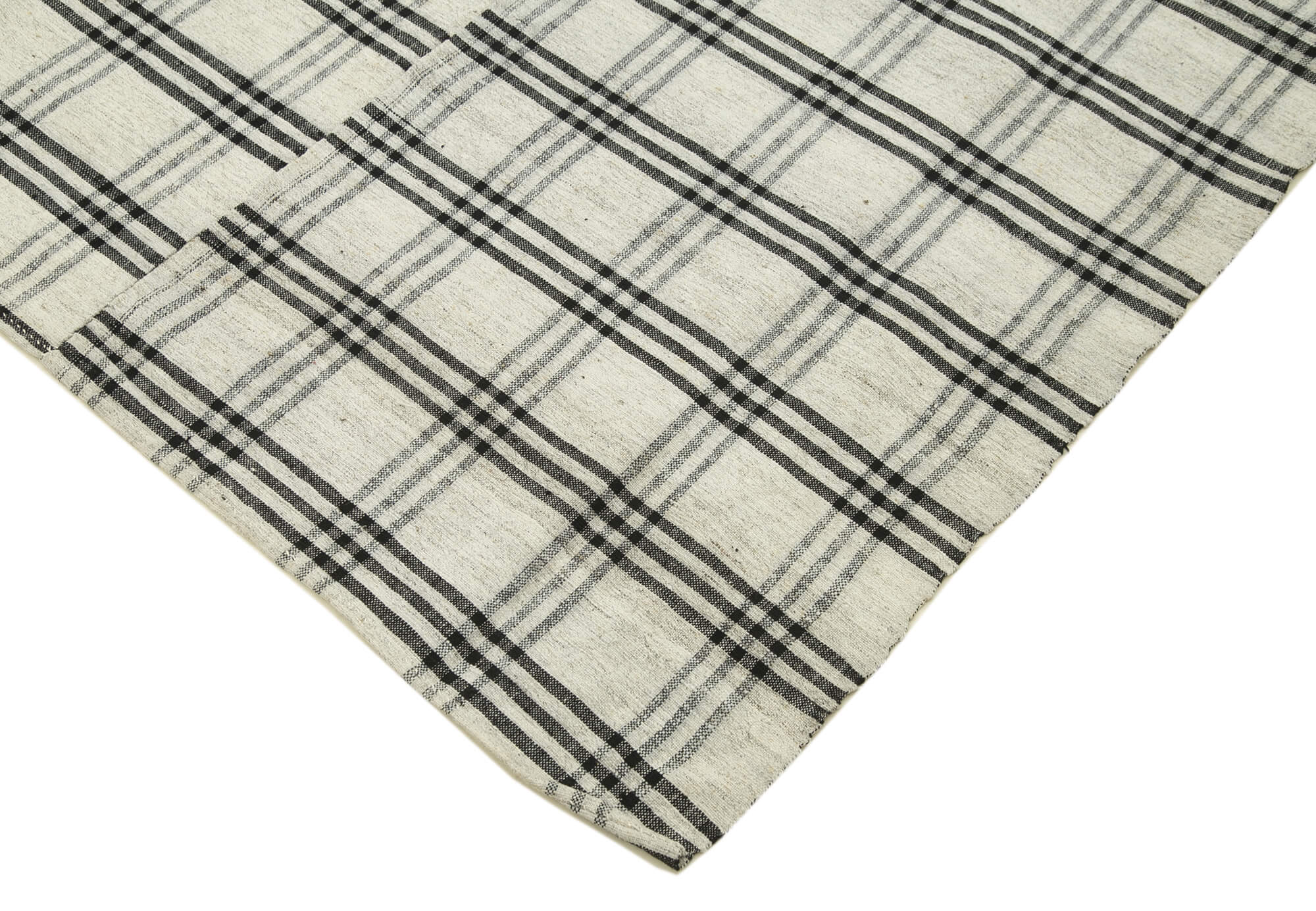 Handmade Area Rug - Striped Kilim Cotton Wool Blend Beige Carpet 6'3''x8'8''