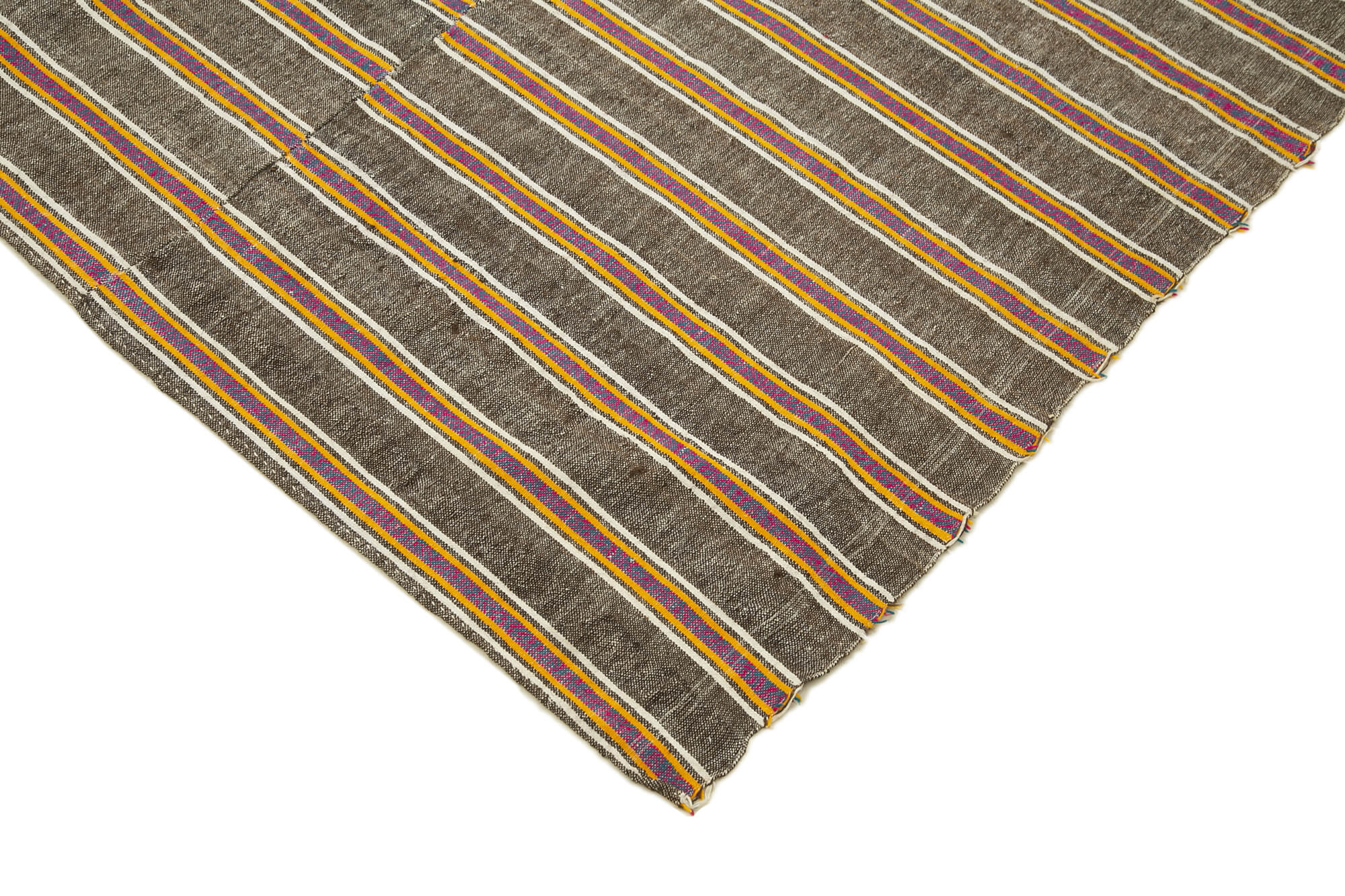Handmade Cotton Wool Rug – Brown Striped Vintage Turkish Kilim Carpet 5'11''x8'8''