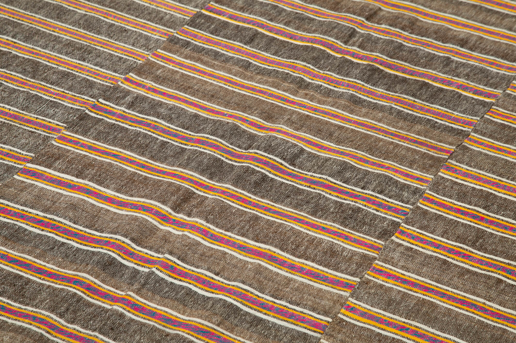 Handmade Cotton Wool Rug – Brown Striped Vintage Turkish Kilim Carpet 5'11''x8'8''