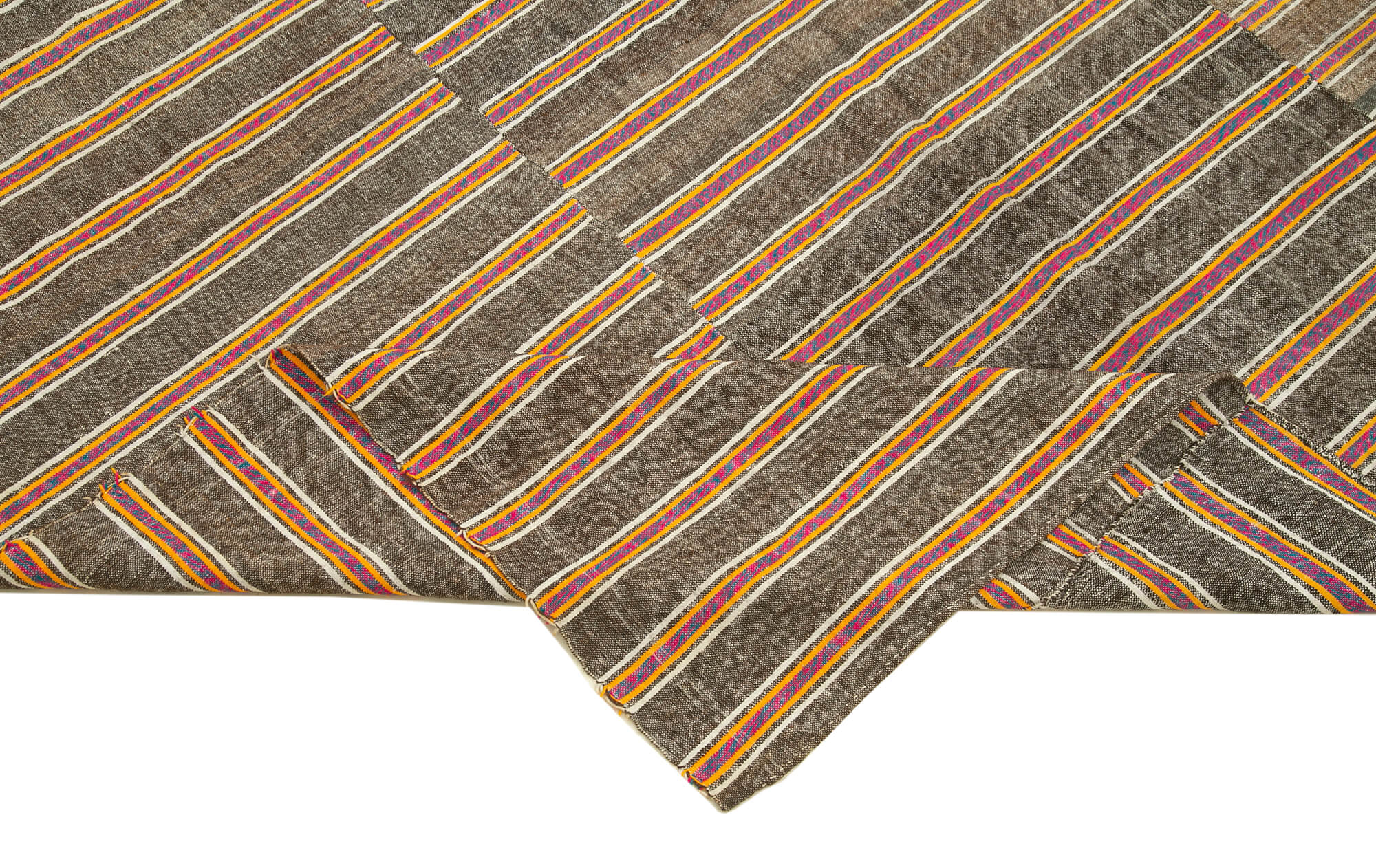 Handmade Cotton Wool Rug – Brown Striped Vintage Turkish Kilim Carpet 5'11''x8'8''