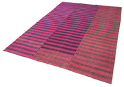 Handmade Cotton Wool Rug - Pink Striped Kilim Rug | Vintage Turkish Area Carpet 6'2''x9'3''