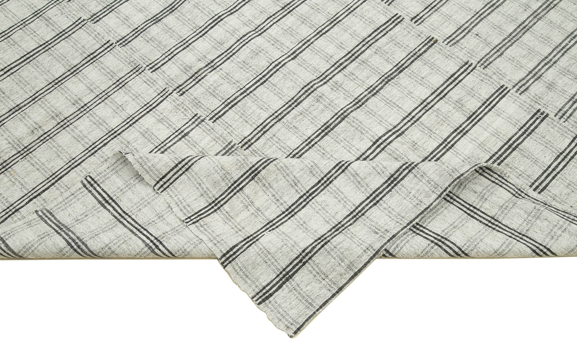 Handmade Cotton Wool Rug - Beige Striped Turkish Kilim Carpet 5'5''x9'1'' Area Rug