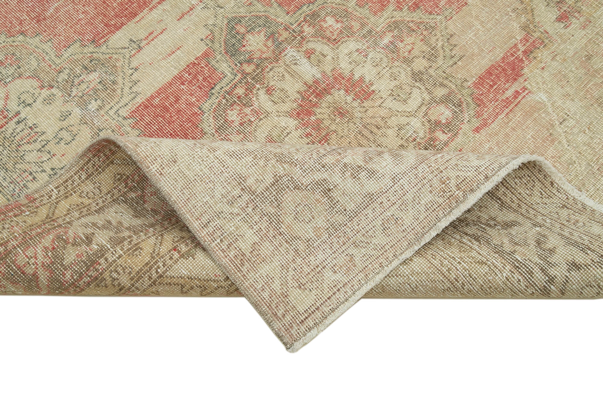 Handmade Vintage Area Rug - Beige Cotton Wool Turkish Rug 4'9'' x 12'10''