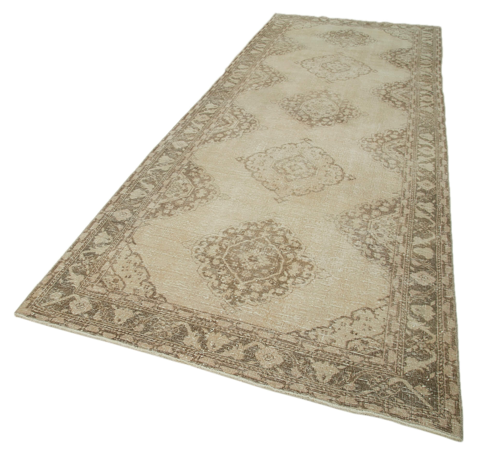 Handmade Vintage Area Rug – Beige Cotton Wool Blend, Classic Turkish Wool Rug 4'10"x13'1"