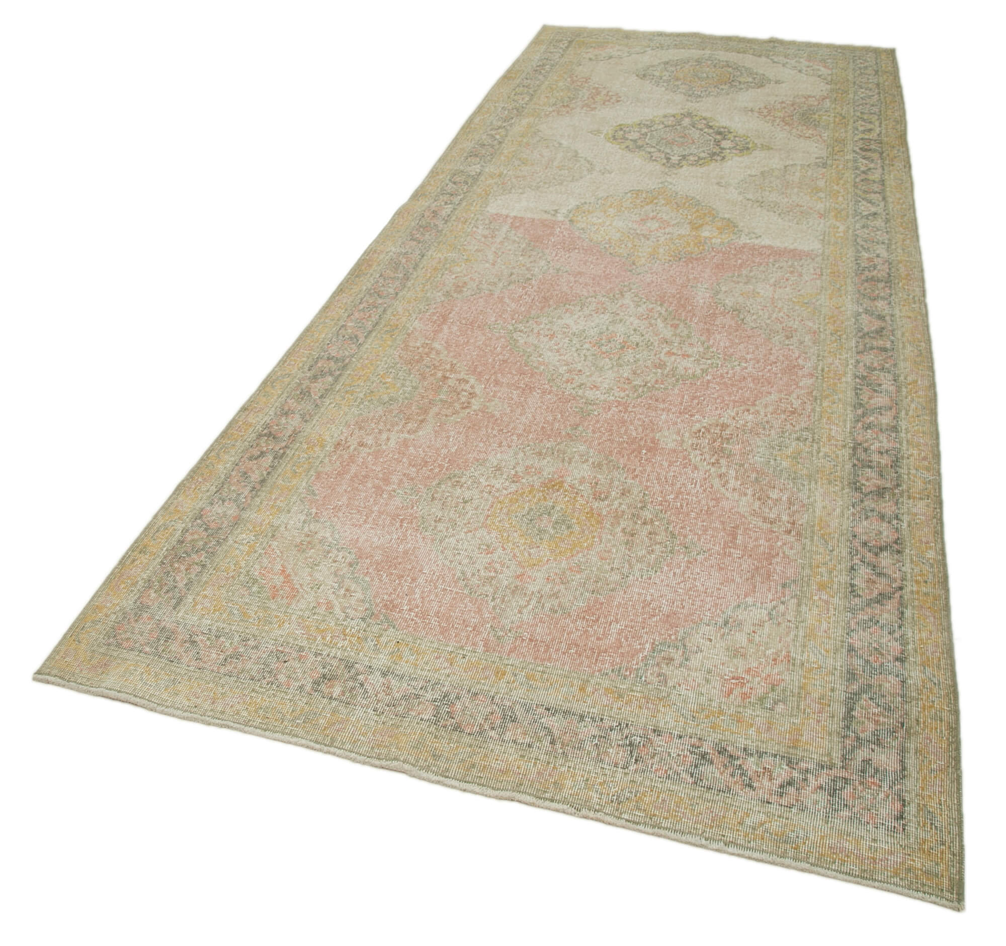 Handmade Vintage Area Rug - Beige Cotton Wool Turkish Classic Woven Carpet 4'9''x12'10''