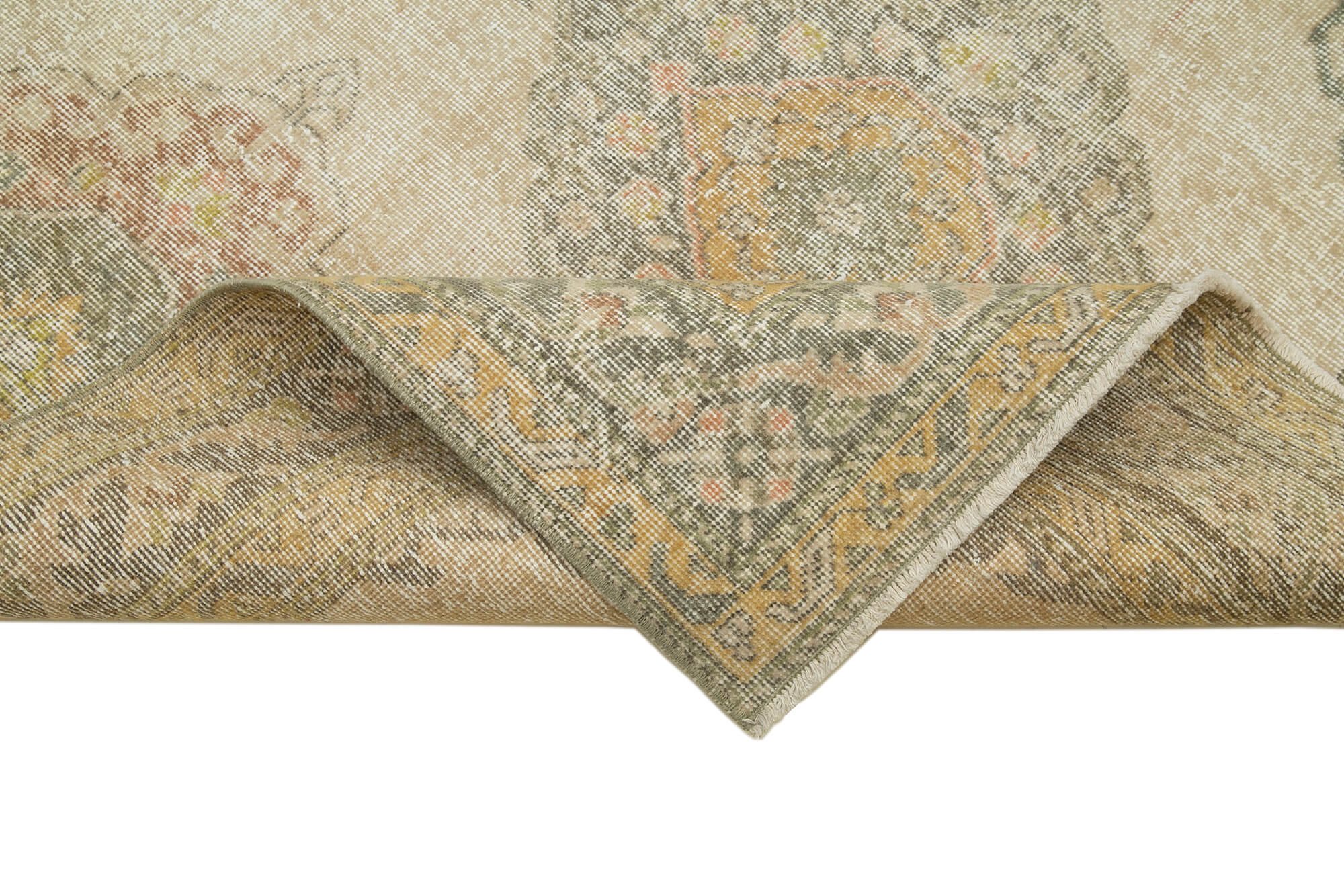 Handmade Vintage Area Rug - Beige Cotton Wool Turkish Classic Woven Carpet 4'9''x12'10''