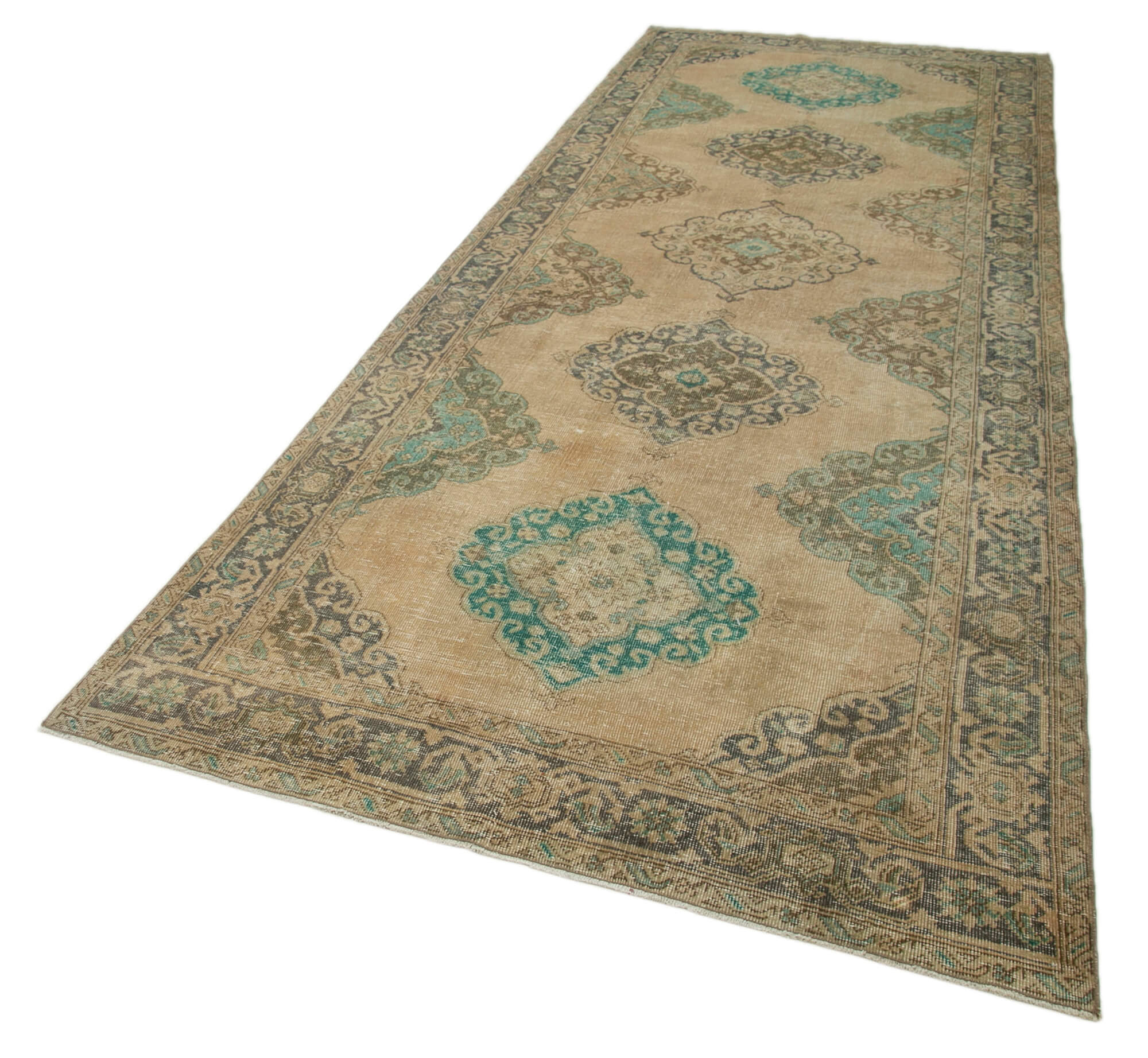 Handmade Wool Area Rug | Beige Vintage Cotton Wool Blend Rug 4'10''x12'10''