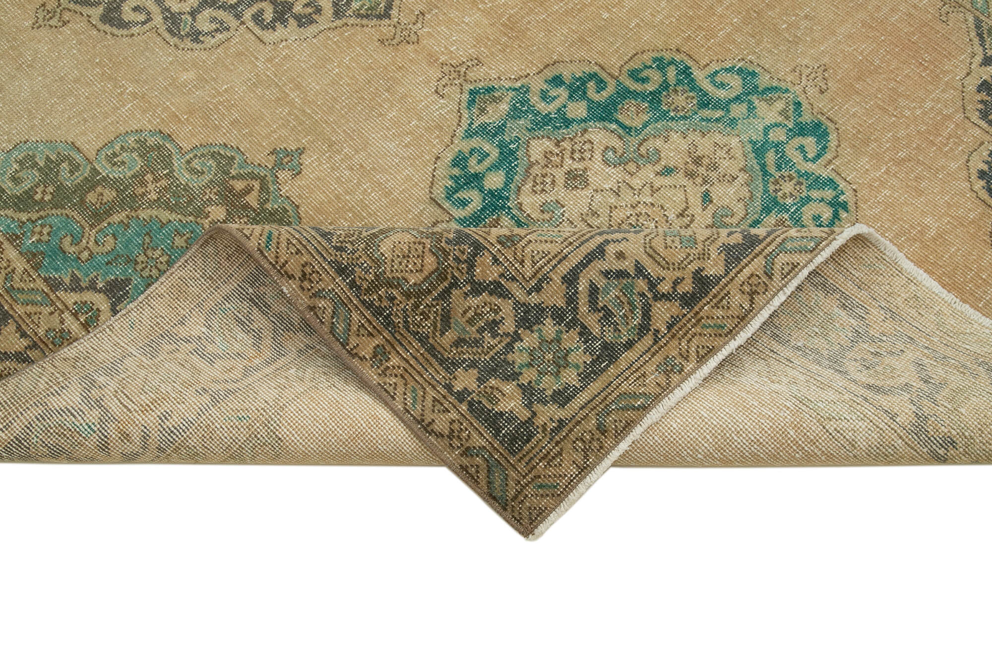 Handmade Wool Area Rug | Beige Vintage Cotton Wool Blend Rug 4'10''x12'10''