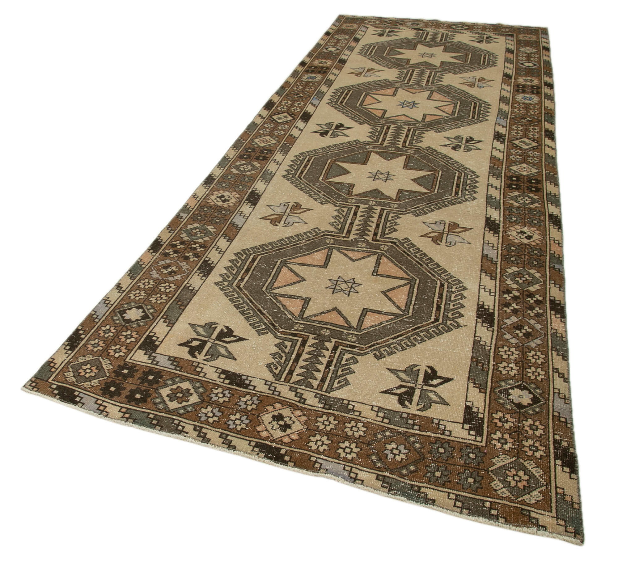 Handmade Vintage Area Rug – Beige Wool Cotton Rug 4'7'' x 12'8'' | Turkish Hand Knotted Carpet