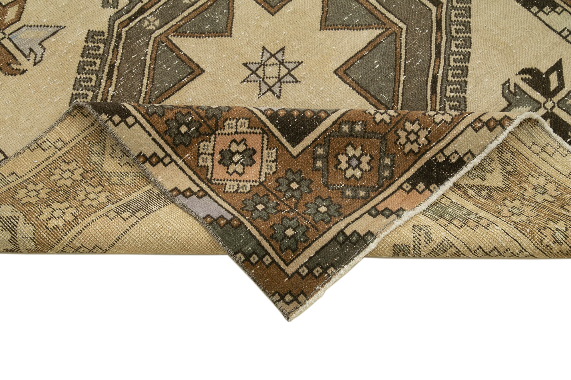 Handmade Vintage Area Rug – Beige Wool Cotton Rug 4'7'' x 12'8'' | Turkish Hand Knotted Carpet