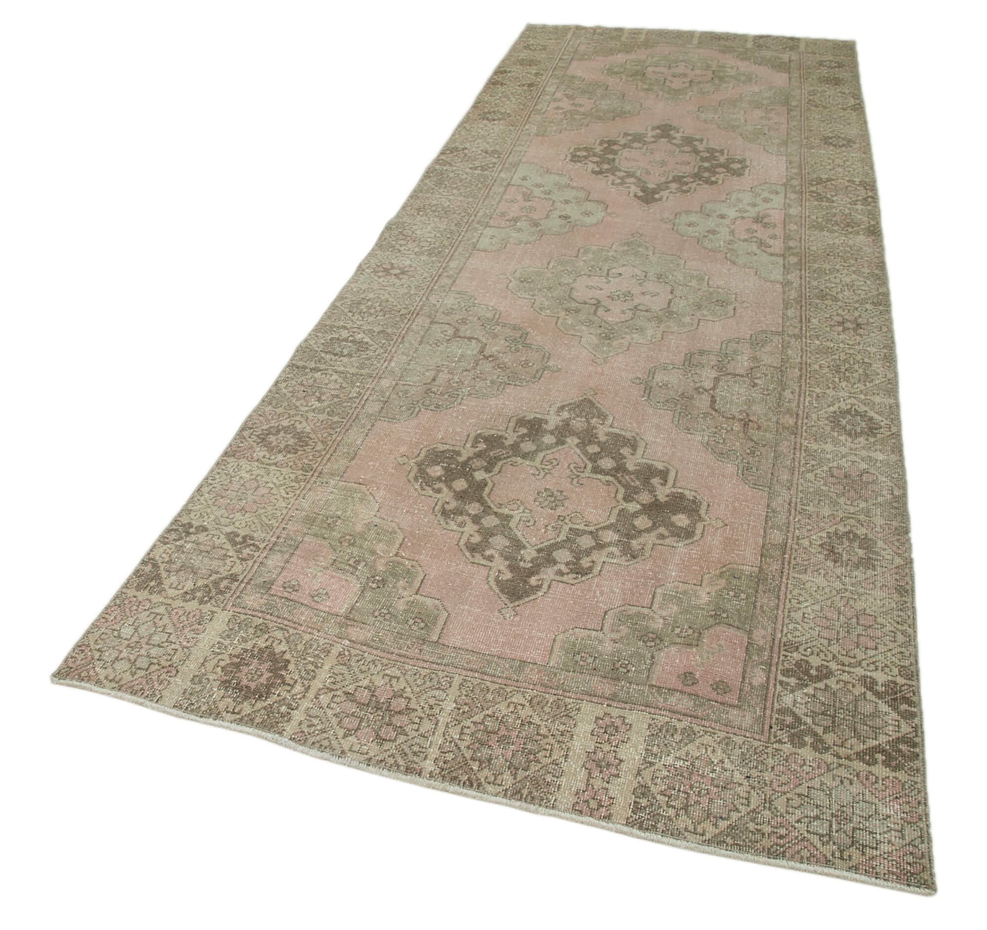 Handmade Vintage Area Rug - Beige Cotton Wool Blend | Durable Living Room Carpet 4'4''x12'6''