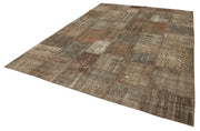 Handmade Wool Area Rug - Brown Patchwork Carpet 8x11 Foot Bohemian Style