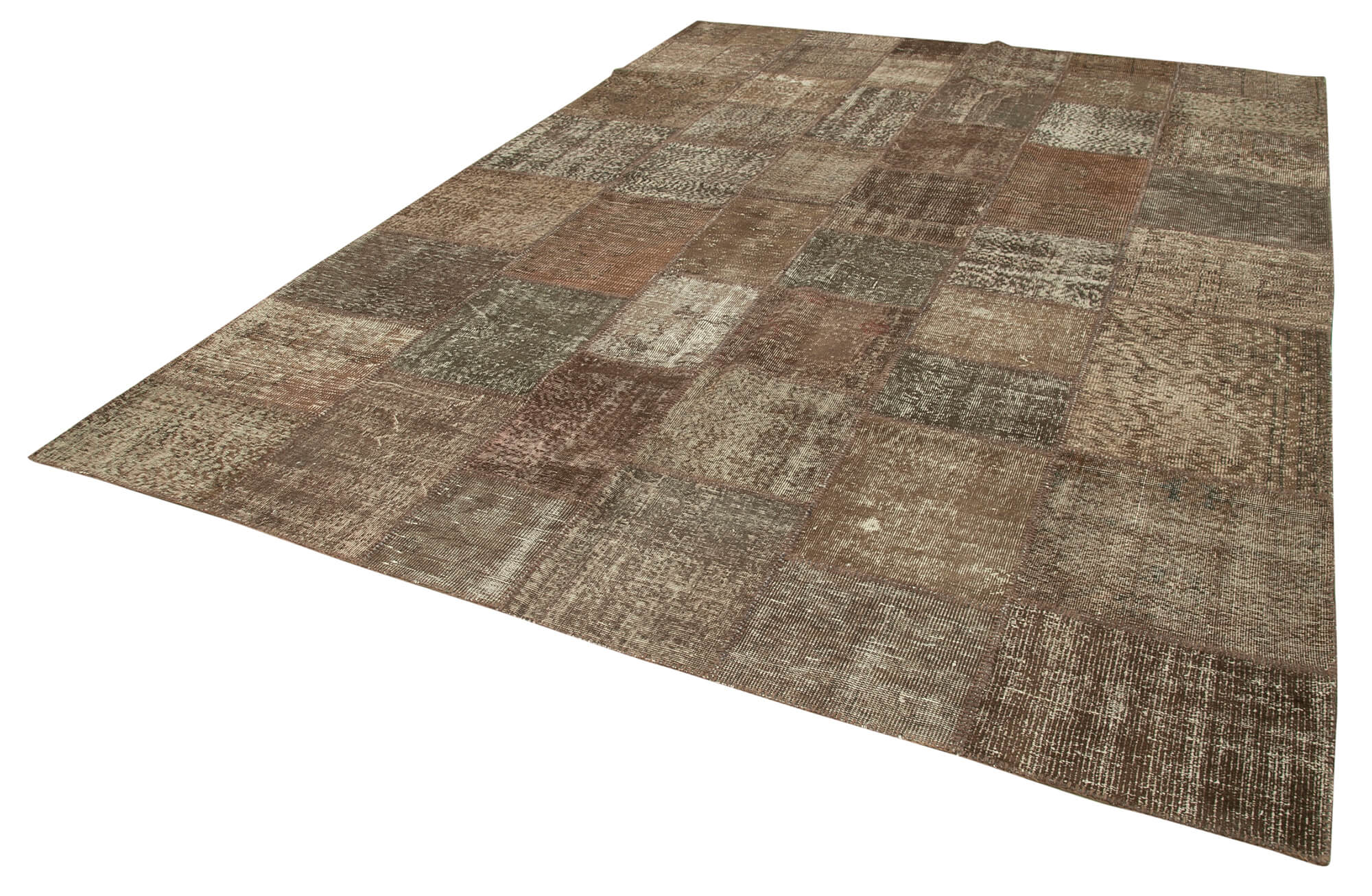 Handmade Wool Area Rug - Brown Patchwork Carpet 8x11 Foot Bohemian Style