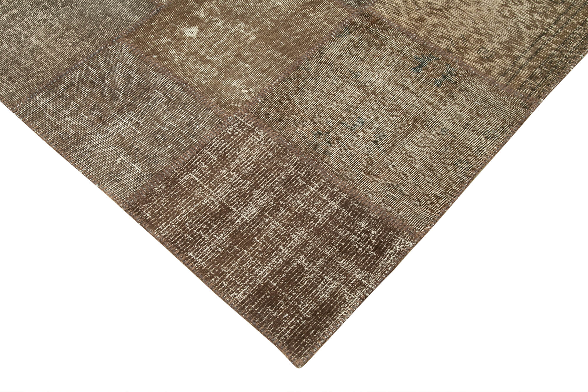 Handmade Wool Area Rug - Brown Patchwork Carpet 8x11 Foot Bohemian Style