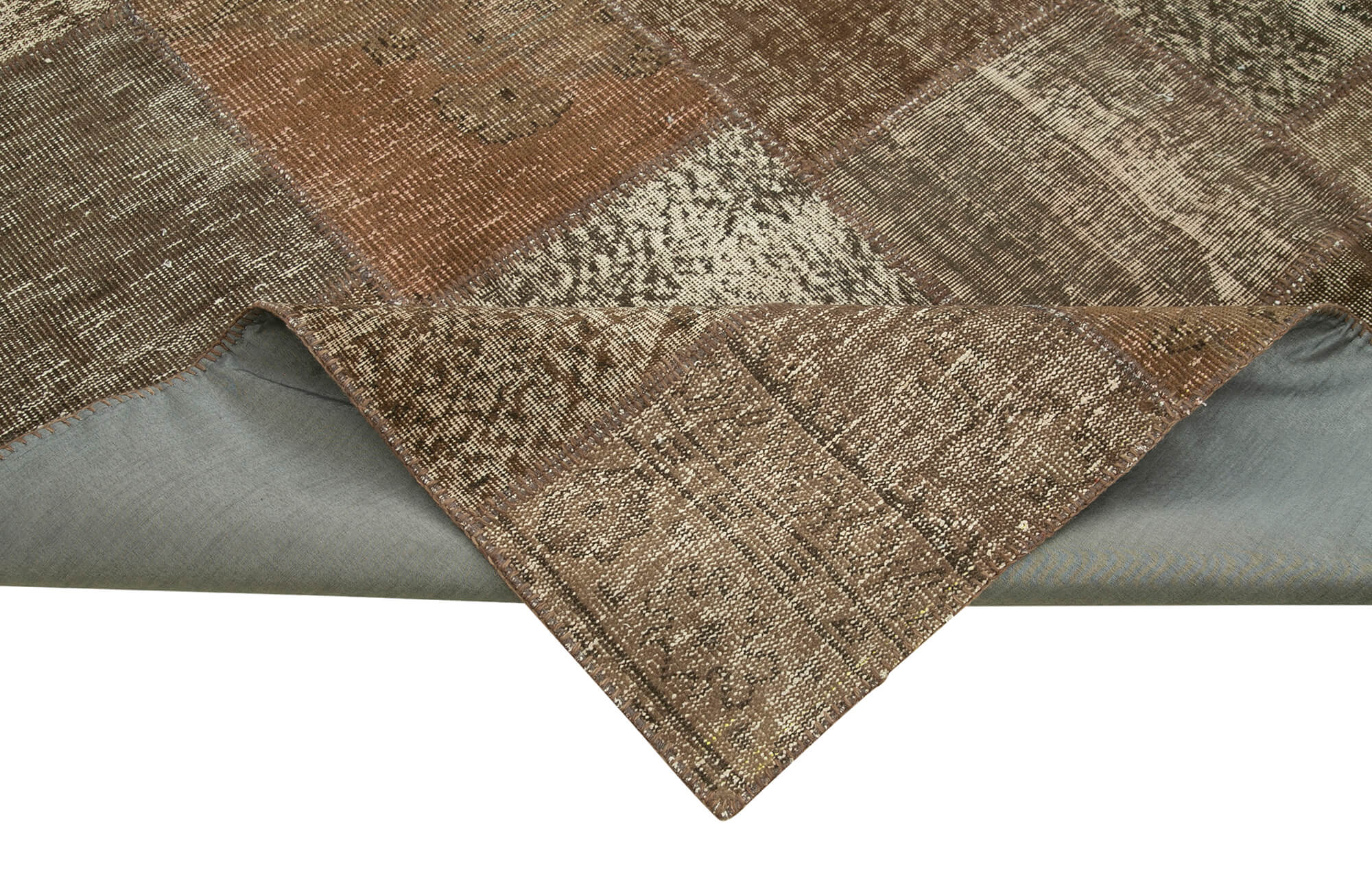 Handmade Wool Area Rug - Brown Patchwork Carpet 8x11 Foot Bohemian Style