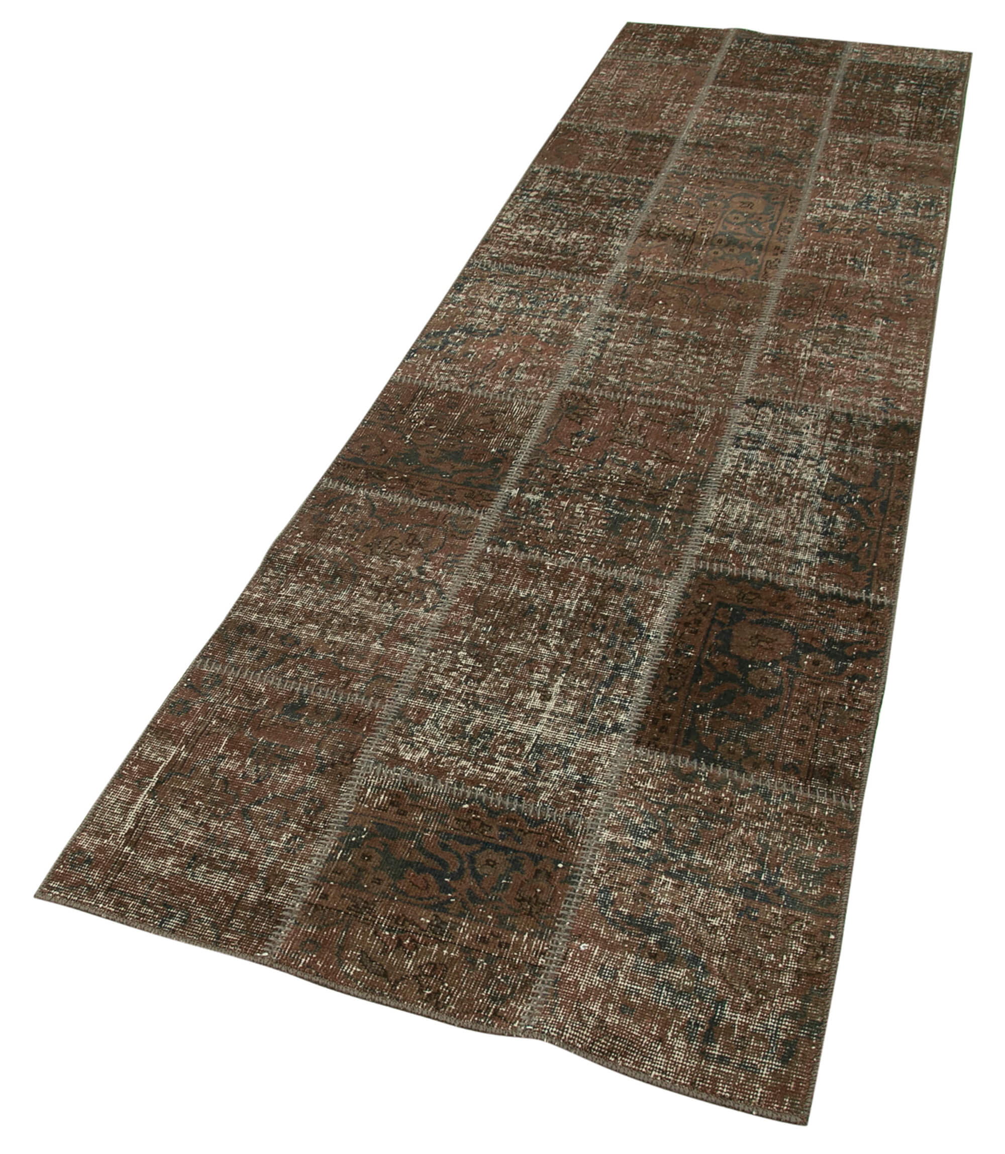 Handmade Wool Area Rug - Brown Patchwork Cotton Wool Rug 2'10''x10'0'' Rustic Style Carpet