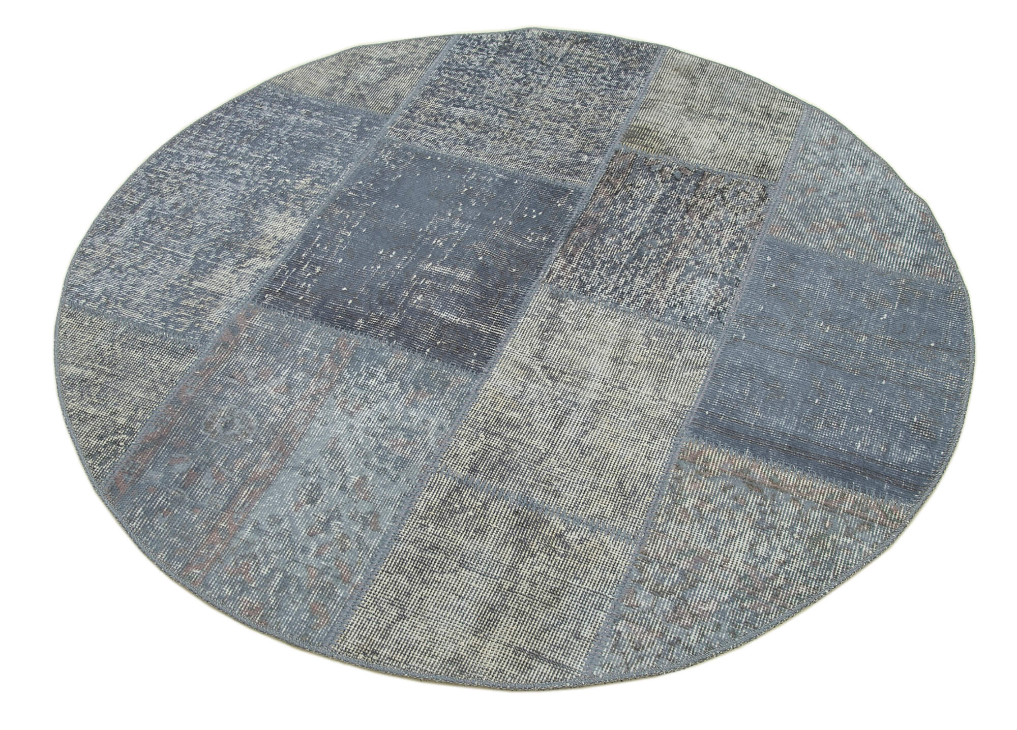 Handmade Area Rug - Blue Patchwork Round Cotton Wool Turkish Carpet 4'6" x 4'6"