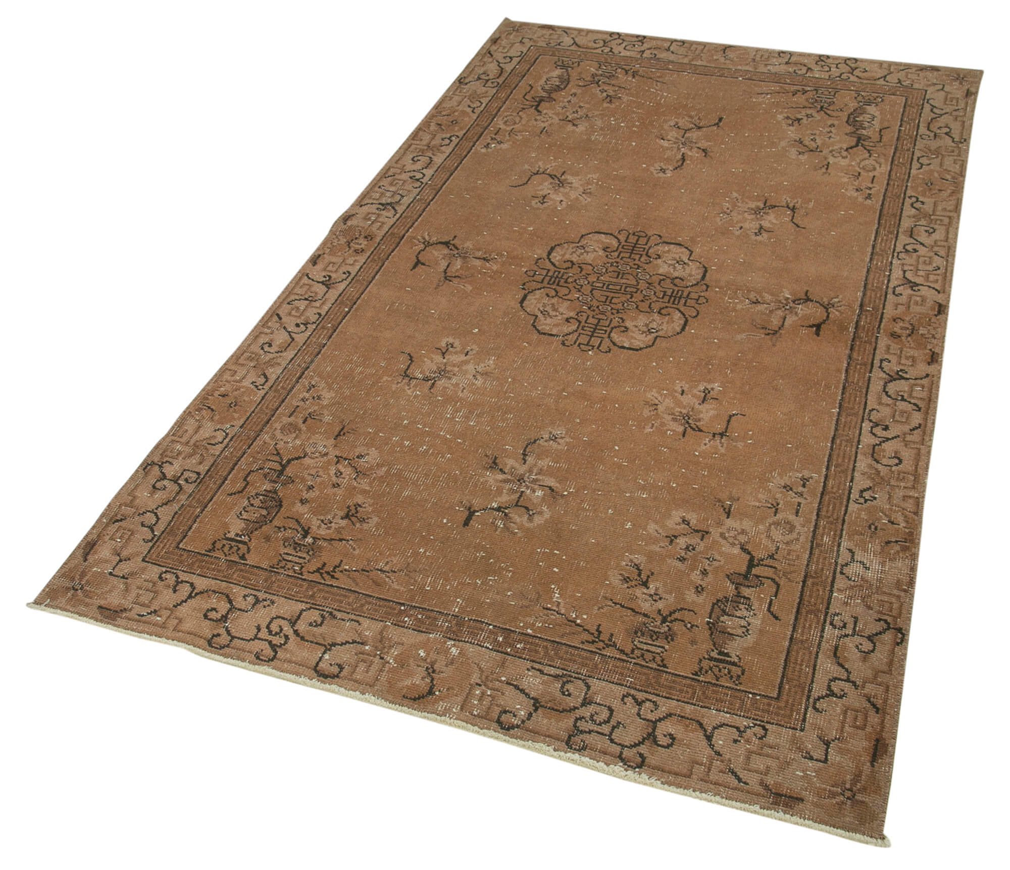 Handmade Vintage Area Rug – Overdyed Brown Wool Cotton Rug 3'8''x6'8'' | Durable Turkish Carpet