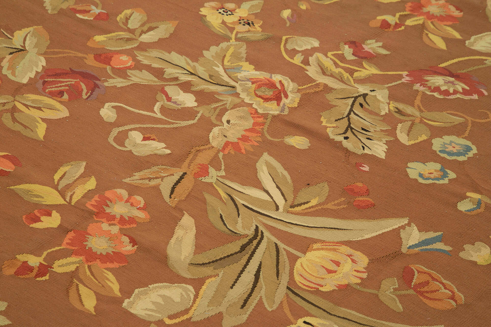 Handmade Wool Area Rug – Brown Vintage Carpet With Classic Floral Design 9x12