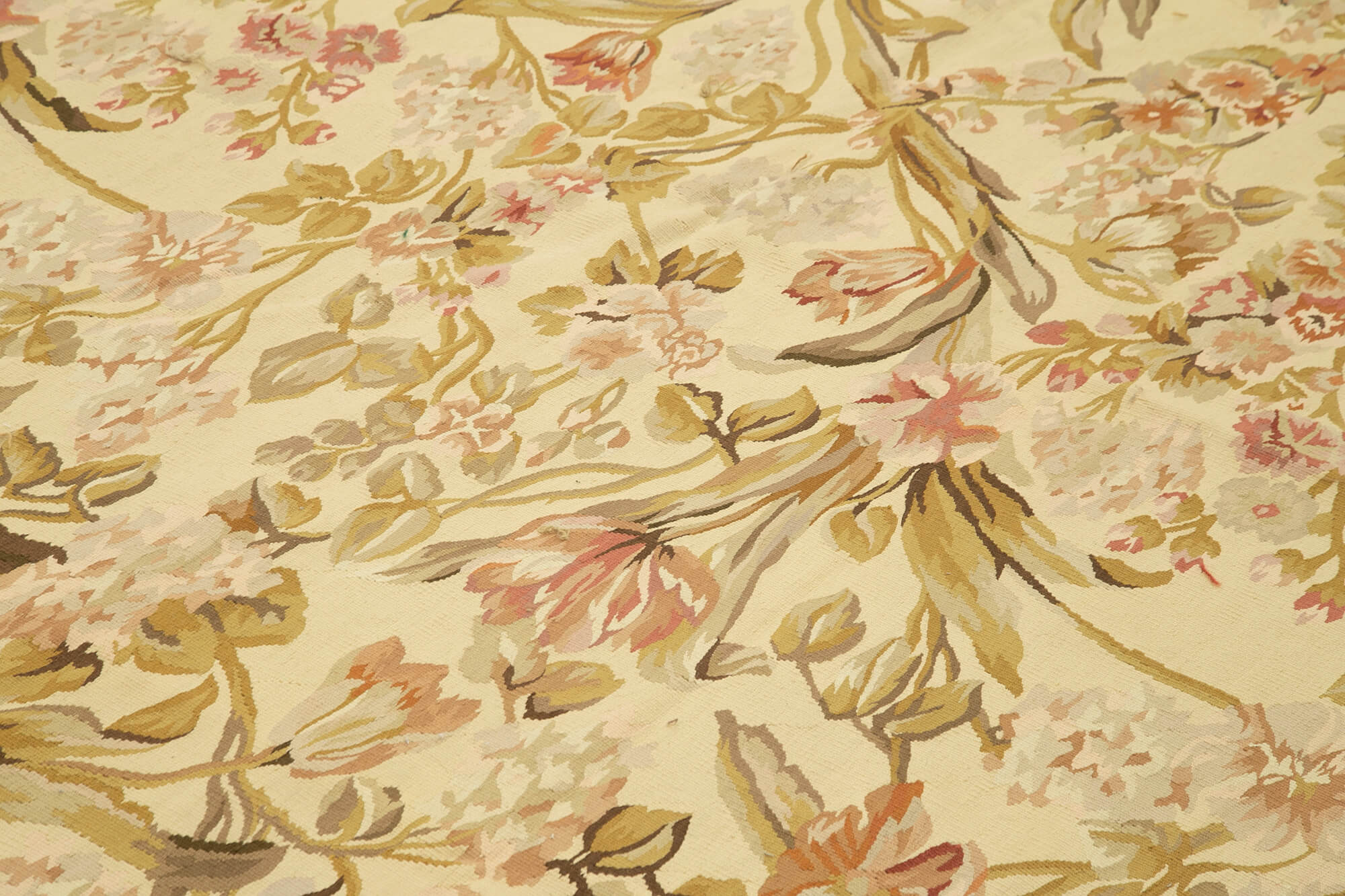 Handmade Wool Area Rug – Aubusson Floral Beige 8x12 Vintage Handwoven Carpet